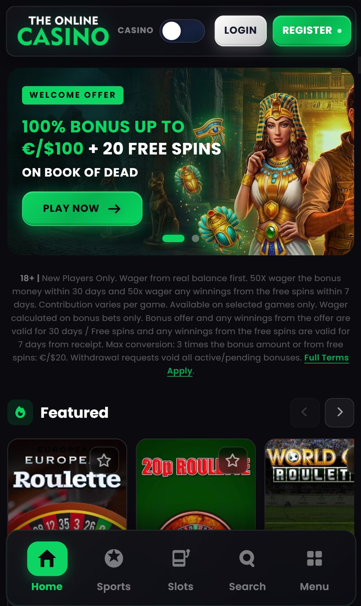 Theonlinecasino — Homepage (Mobile)