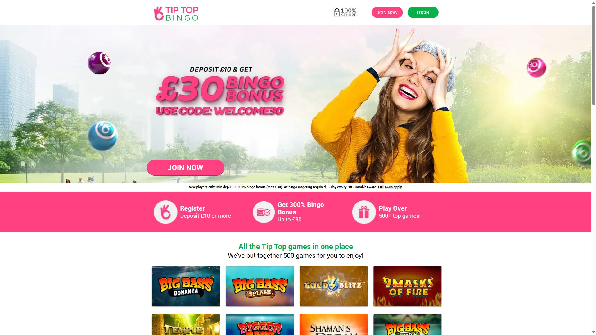 Tip Top Bingo — Homepage (Desktop)
