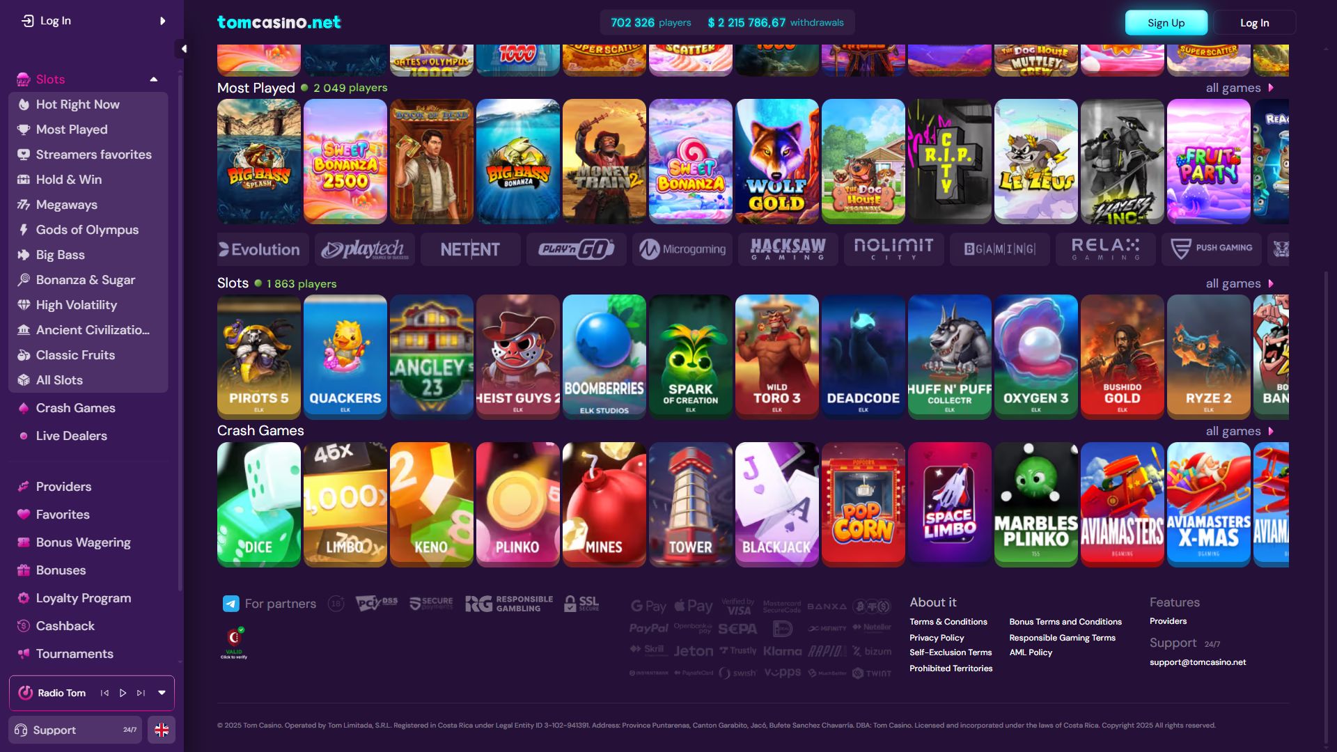 Tom Casino — Lobby (Desktop)