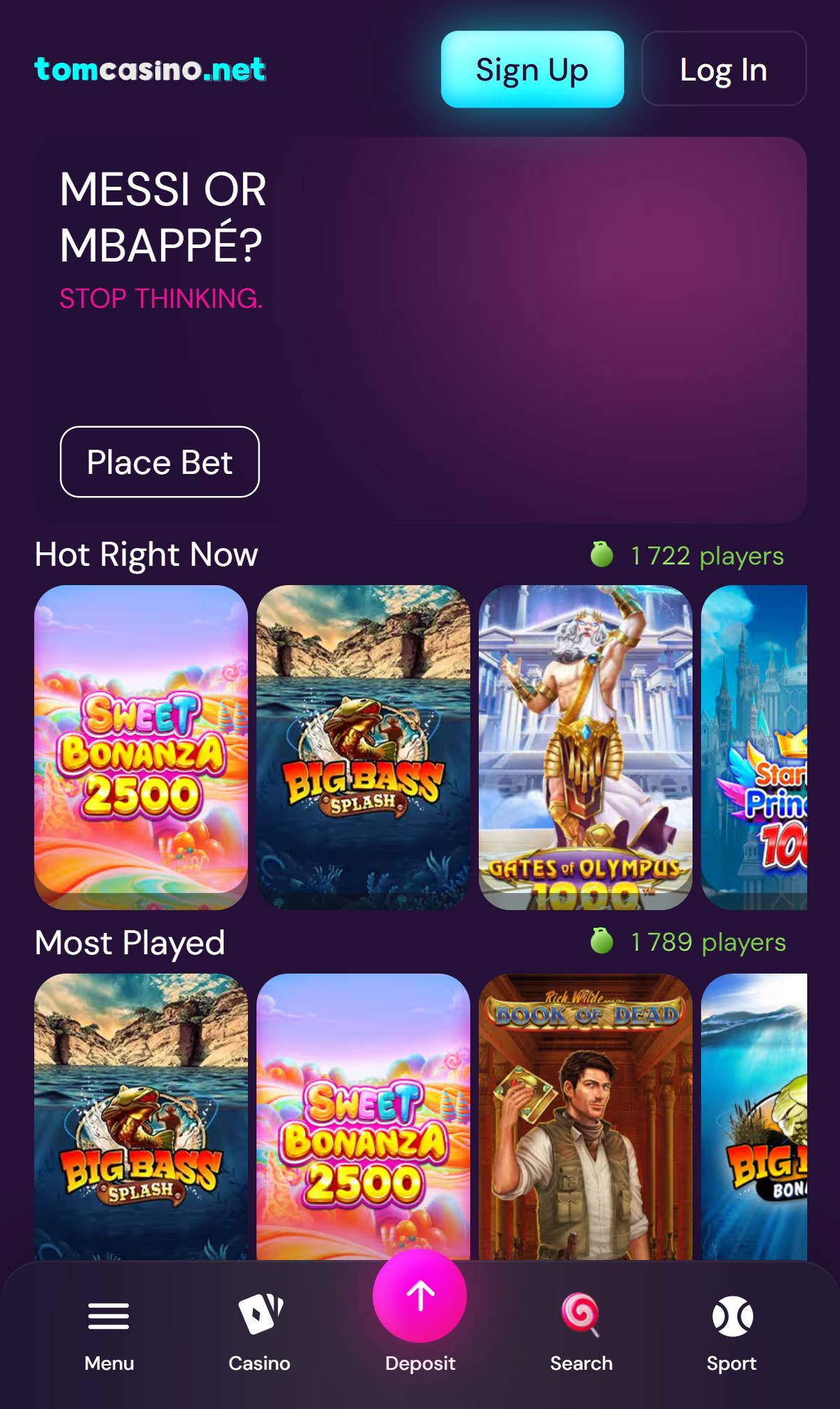 Tom Casino — Lobby (Mobile)