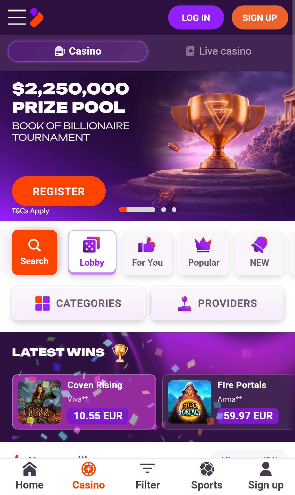 TonyBet — Lobby (Mobile)