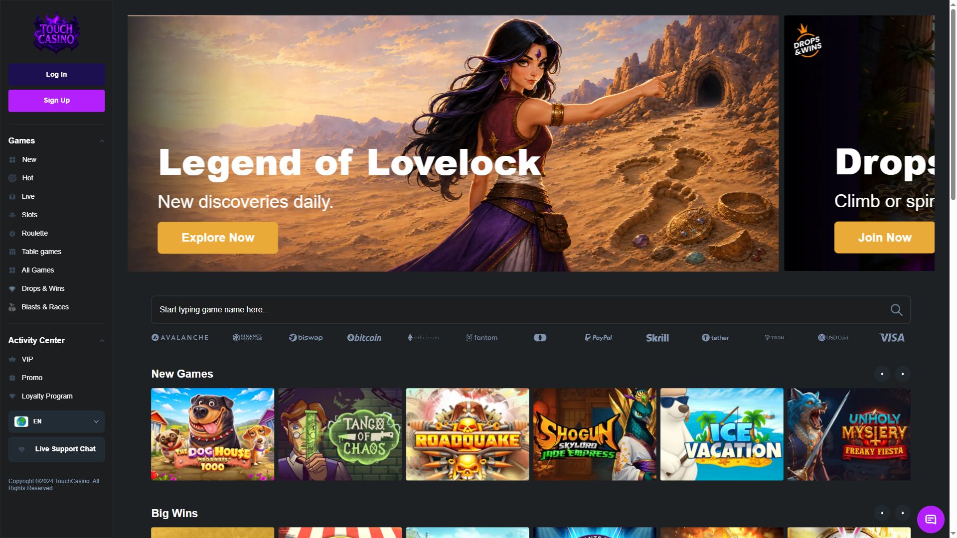 Touch Casino — Homepage (Desktop)