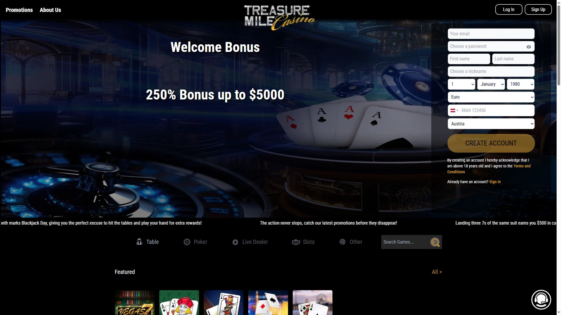 Treasure Mile Casino — Homepage (Desktop)