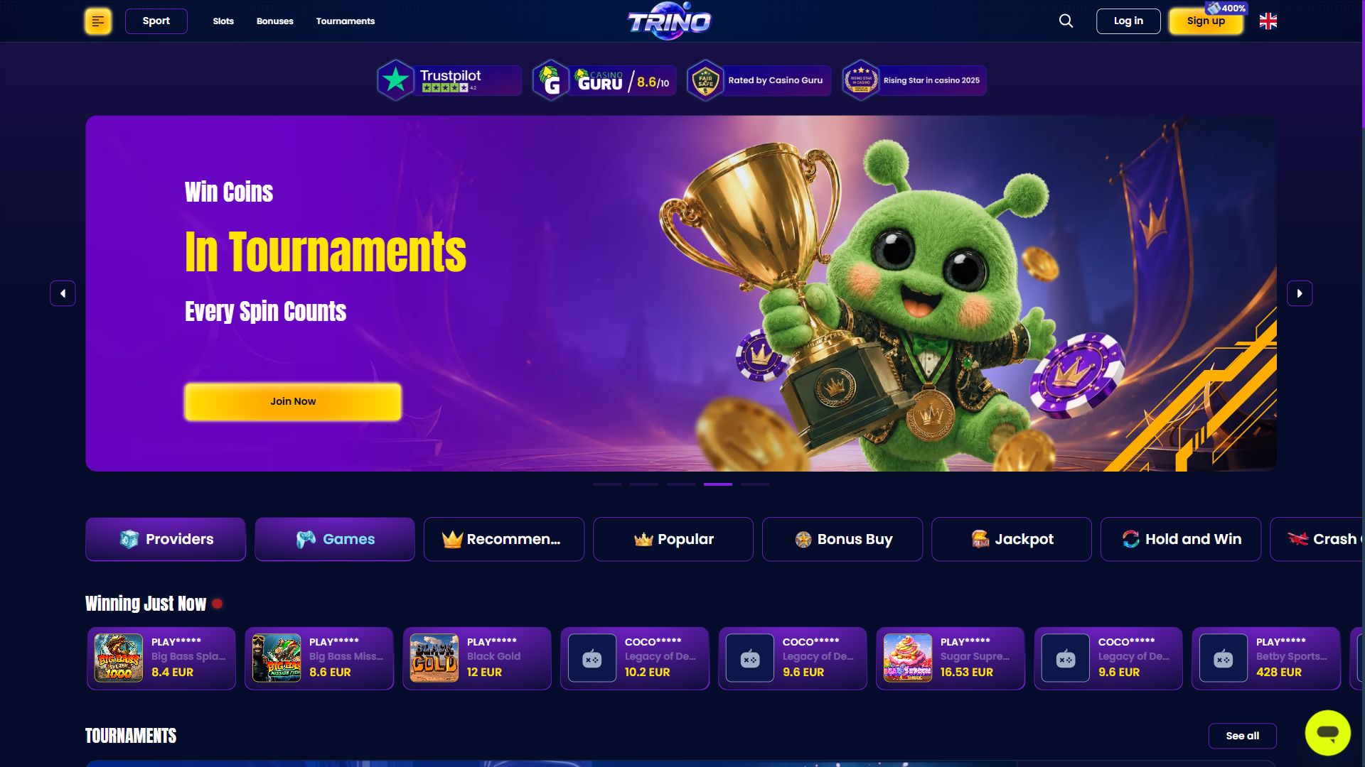 Trinocasino — Homepage (Desktop)