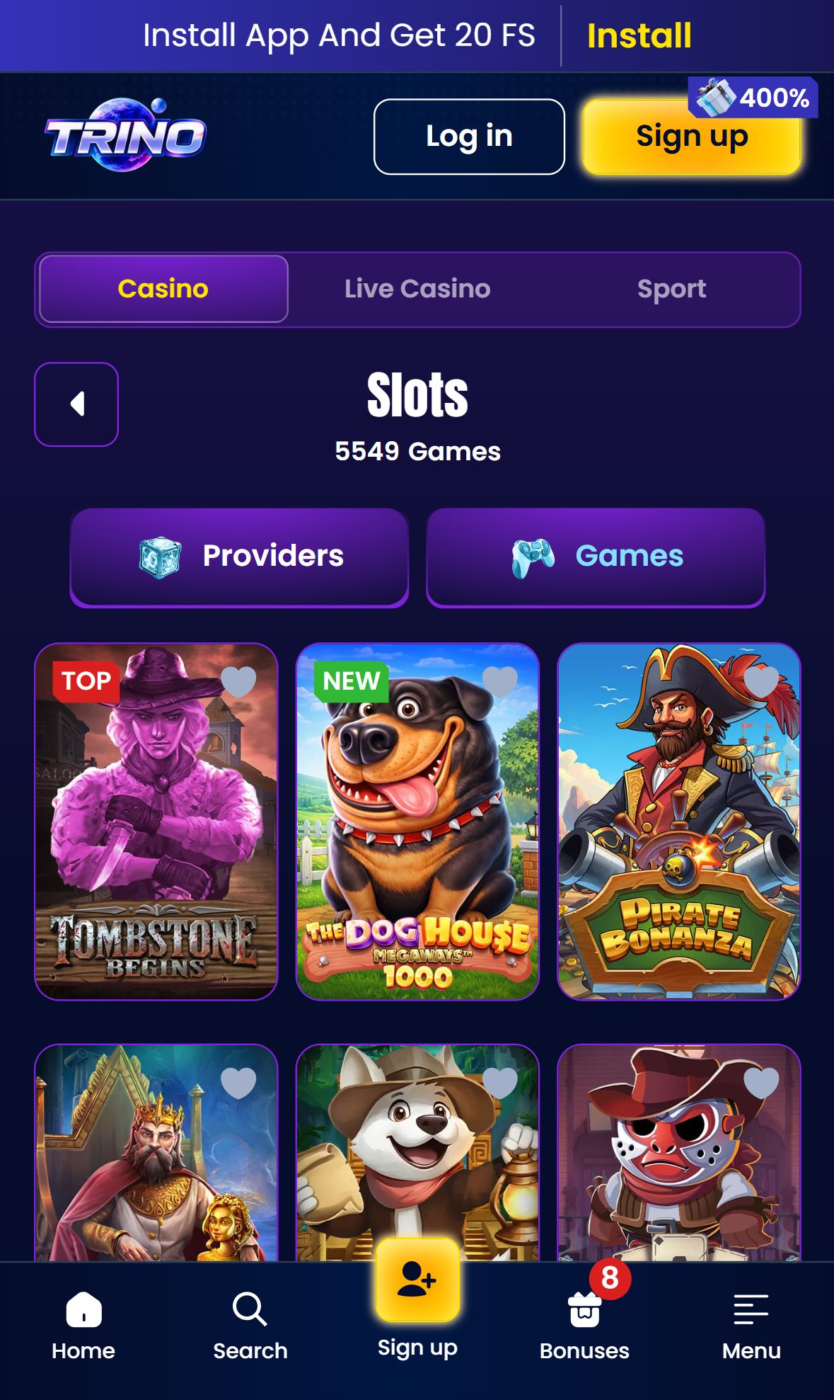 Trinocasino — Lobby (Mobile)