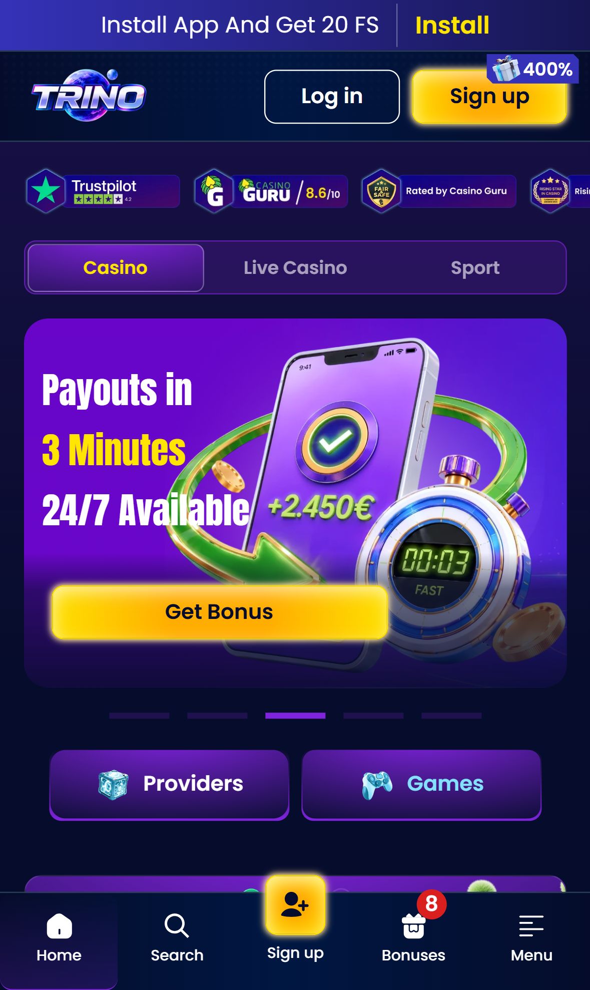 Trinocasino — Homepage (Mobile)