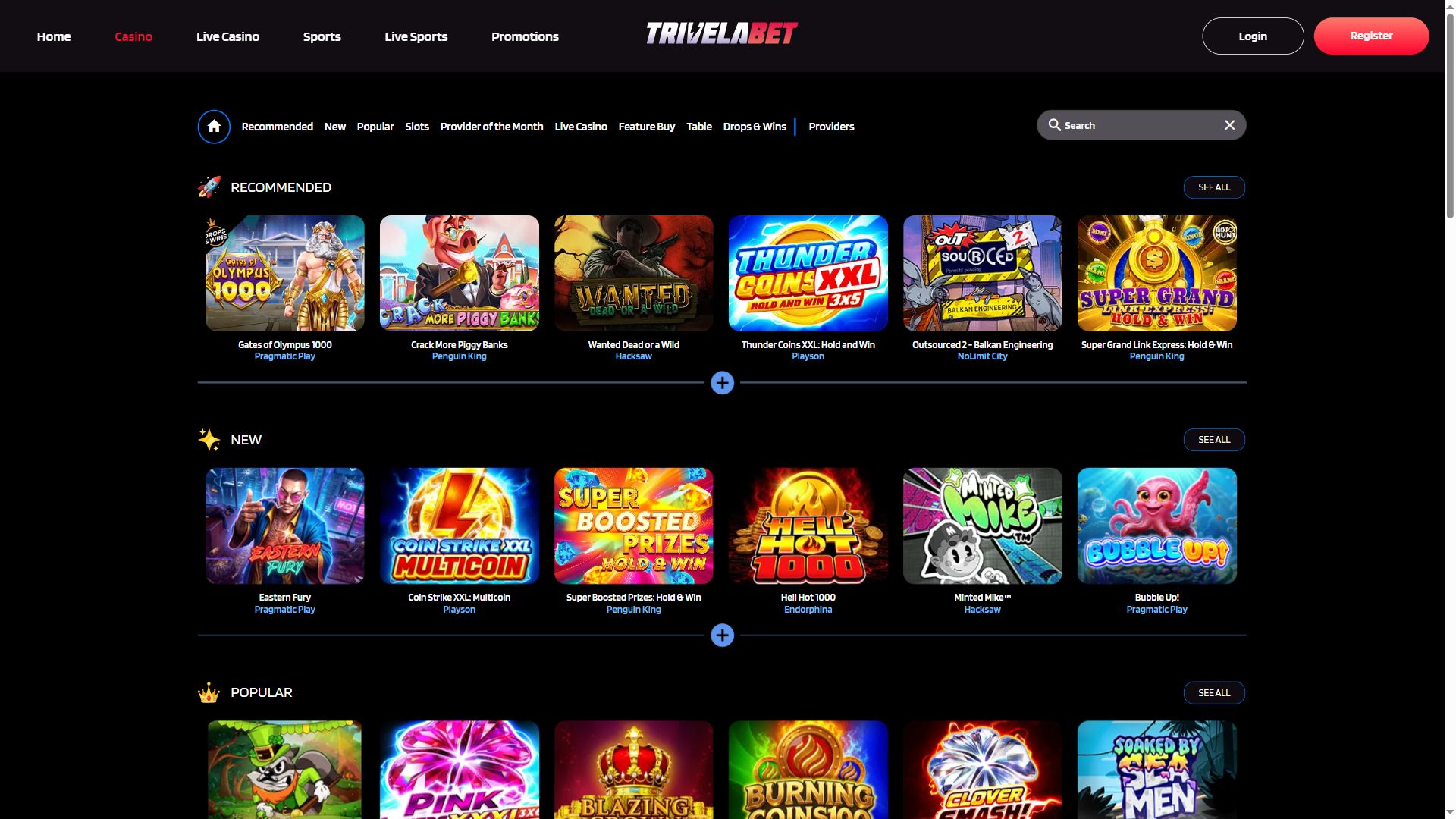 Trivelabet — Lobby (Desktop)