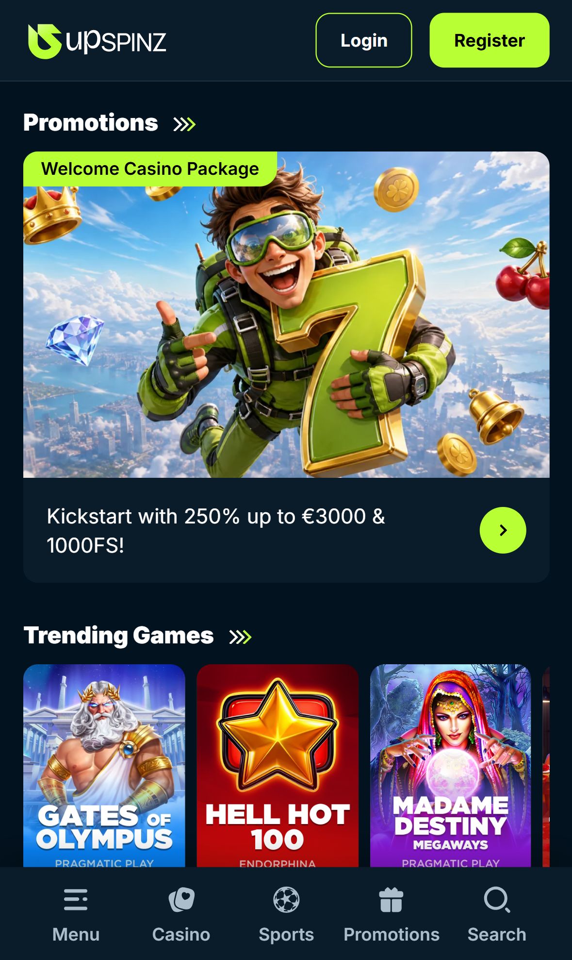 Upspinz — Homepage (Mobile)