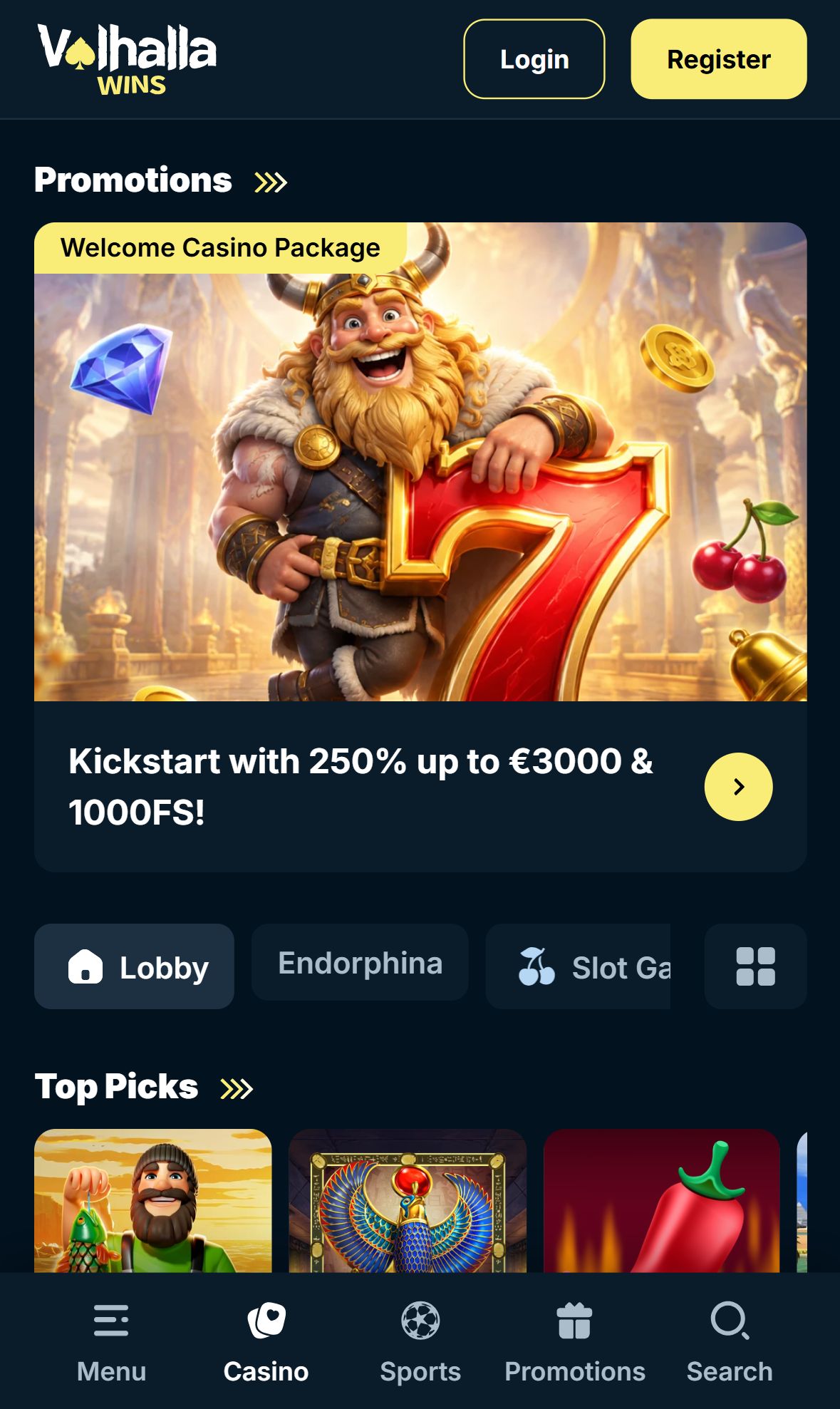 Valhalla Wins — Homepage (Mobile)