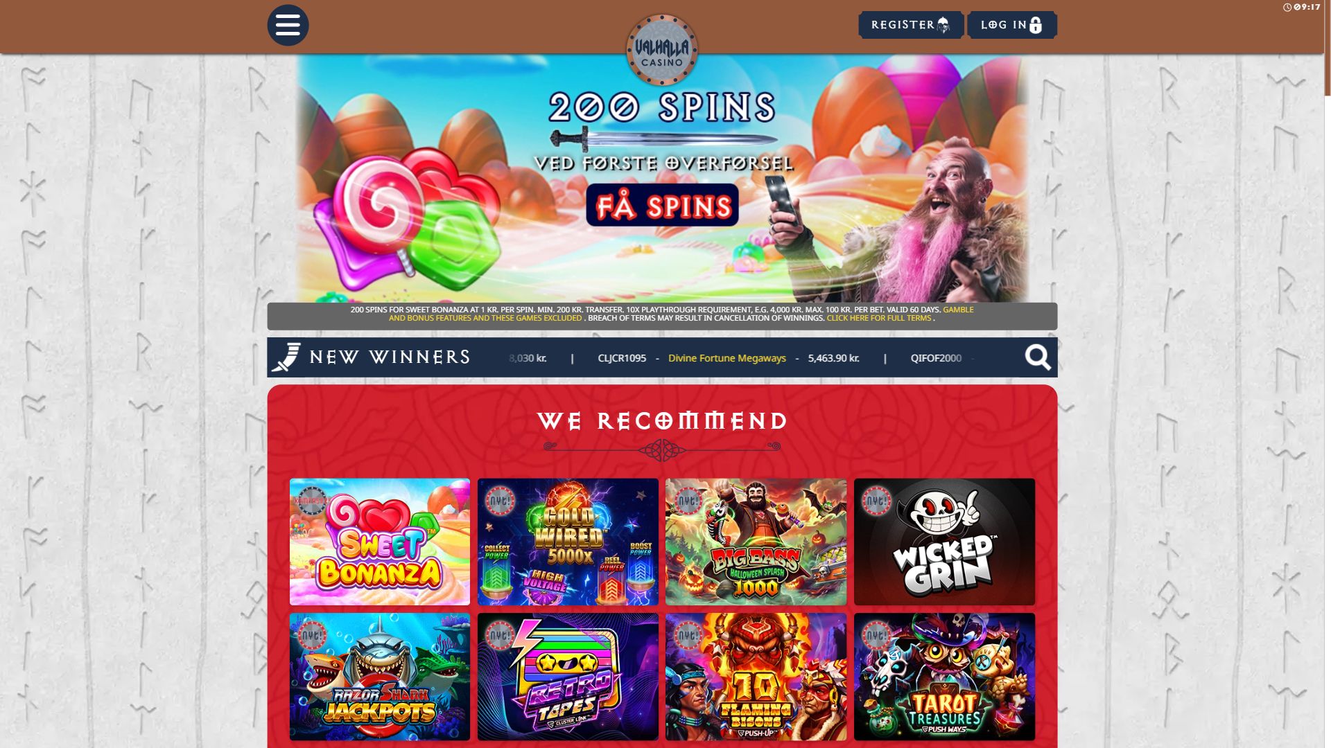 Valhalla Casino — Homepage (Desktop)