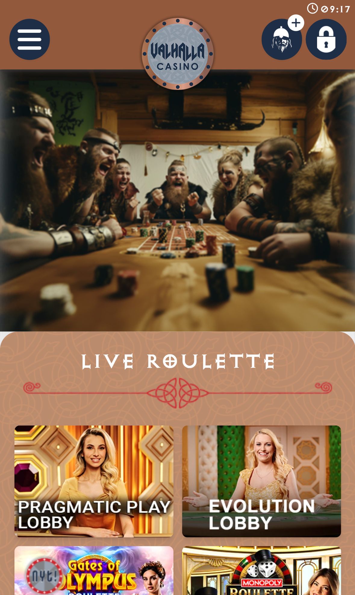 Valhalla Casino — Lobby (Mobile)