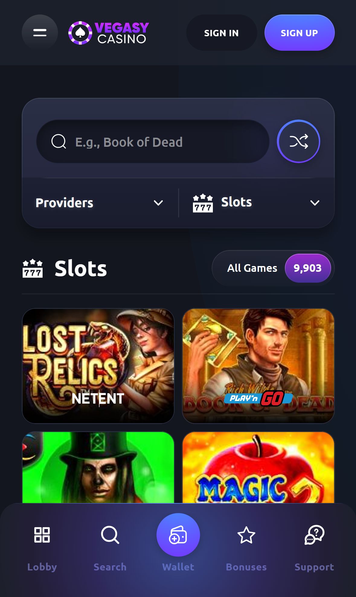 Vegas Legacy — Lobby (Mobile)