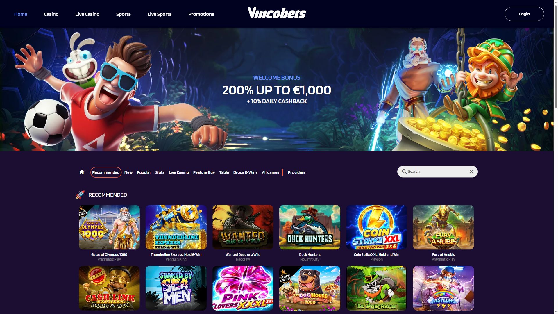 Vincobets — Lobby (Desktop)
