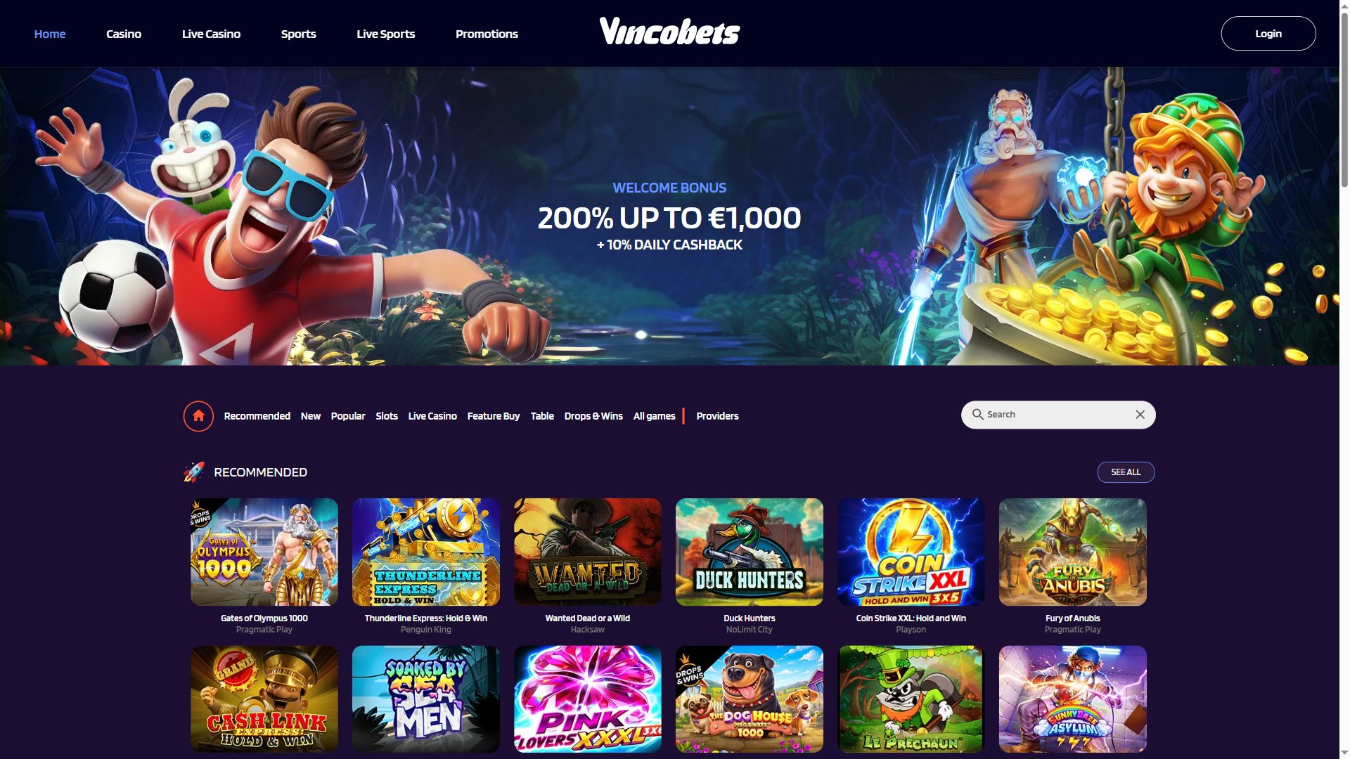 Vincobets — Homepage (Desktop)