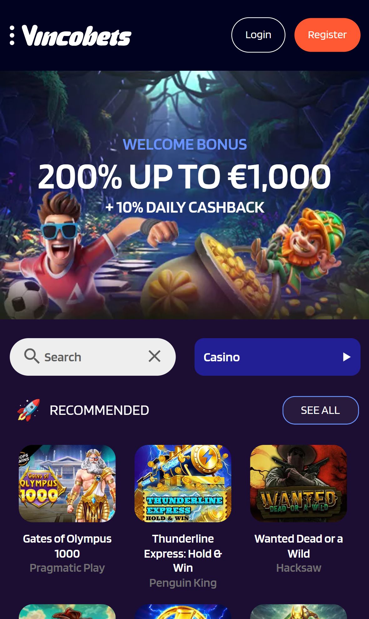 Vincobets — Homepage (Mobile)