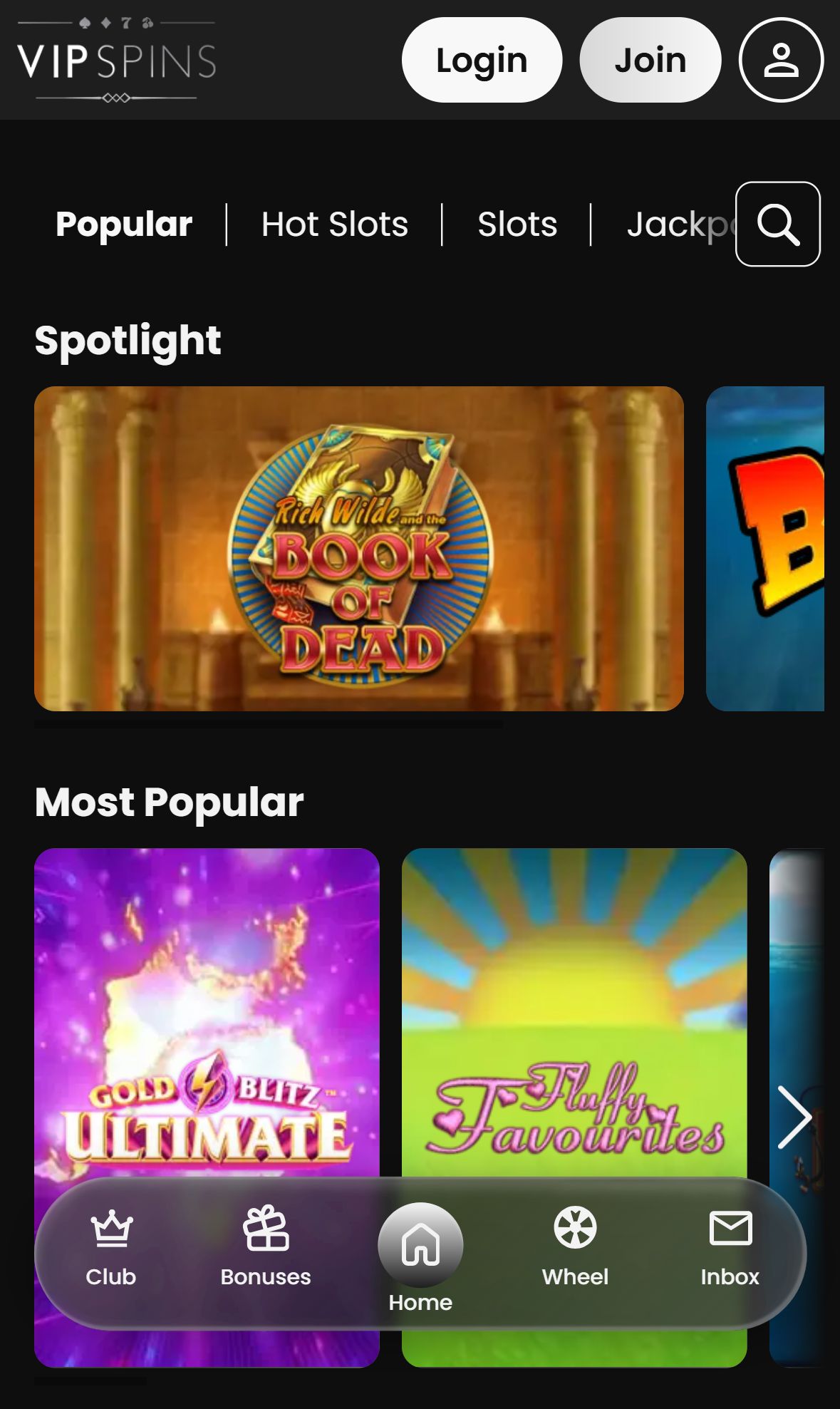 VIP Spins — Lobby (Mobile)