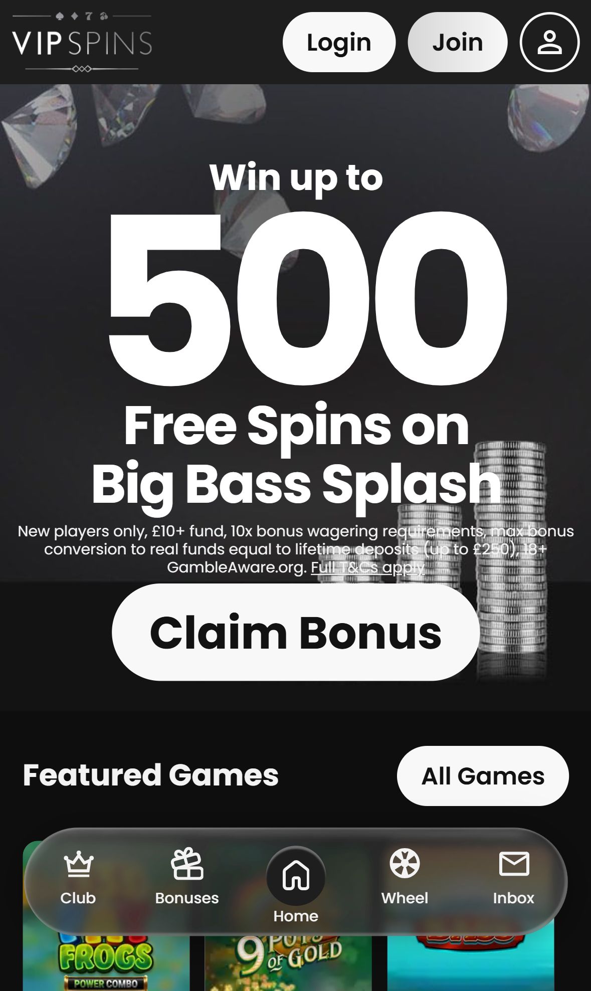 VIP Spins — Homepage (Mobile)