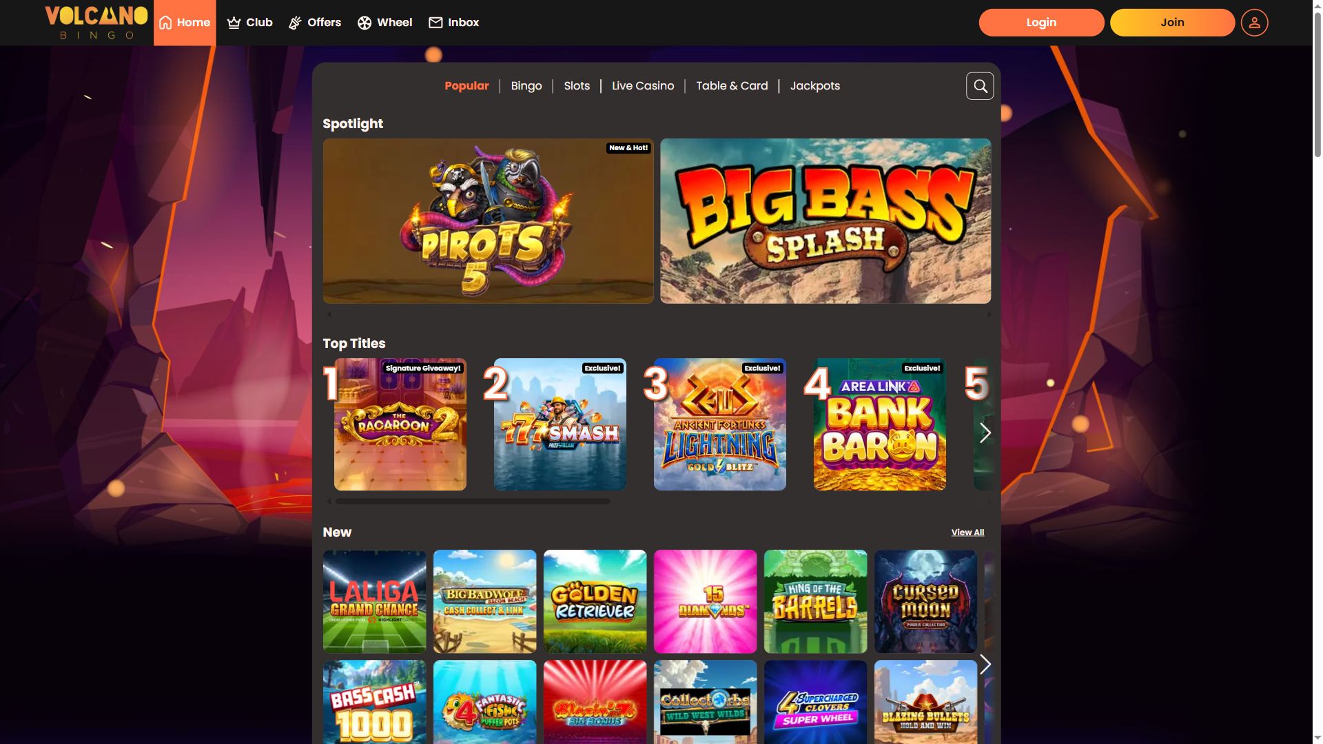 Volcanobingo — Lobby (Desktop)