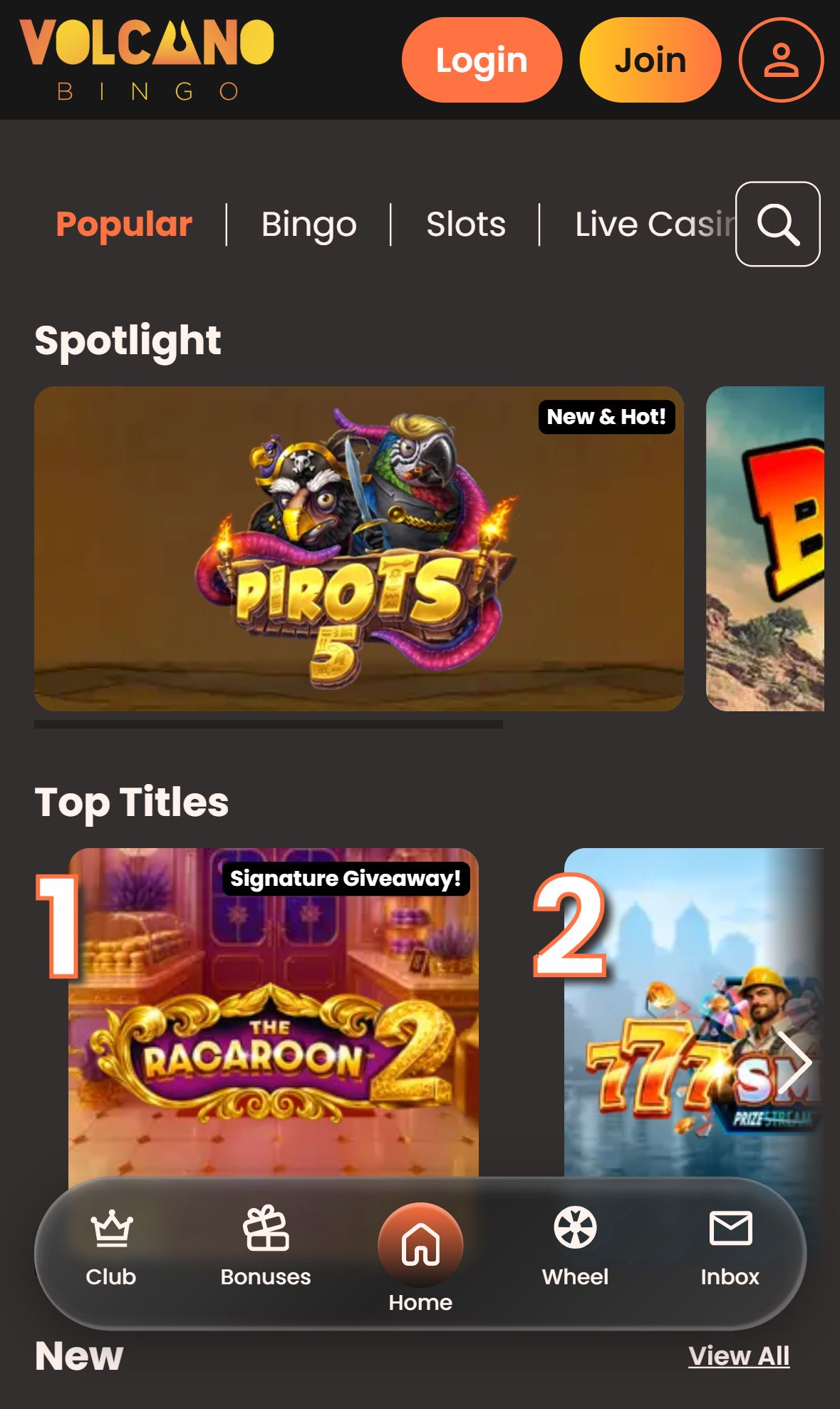 Volcanobingo — Lobby (Mobile)