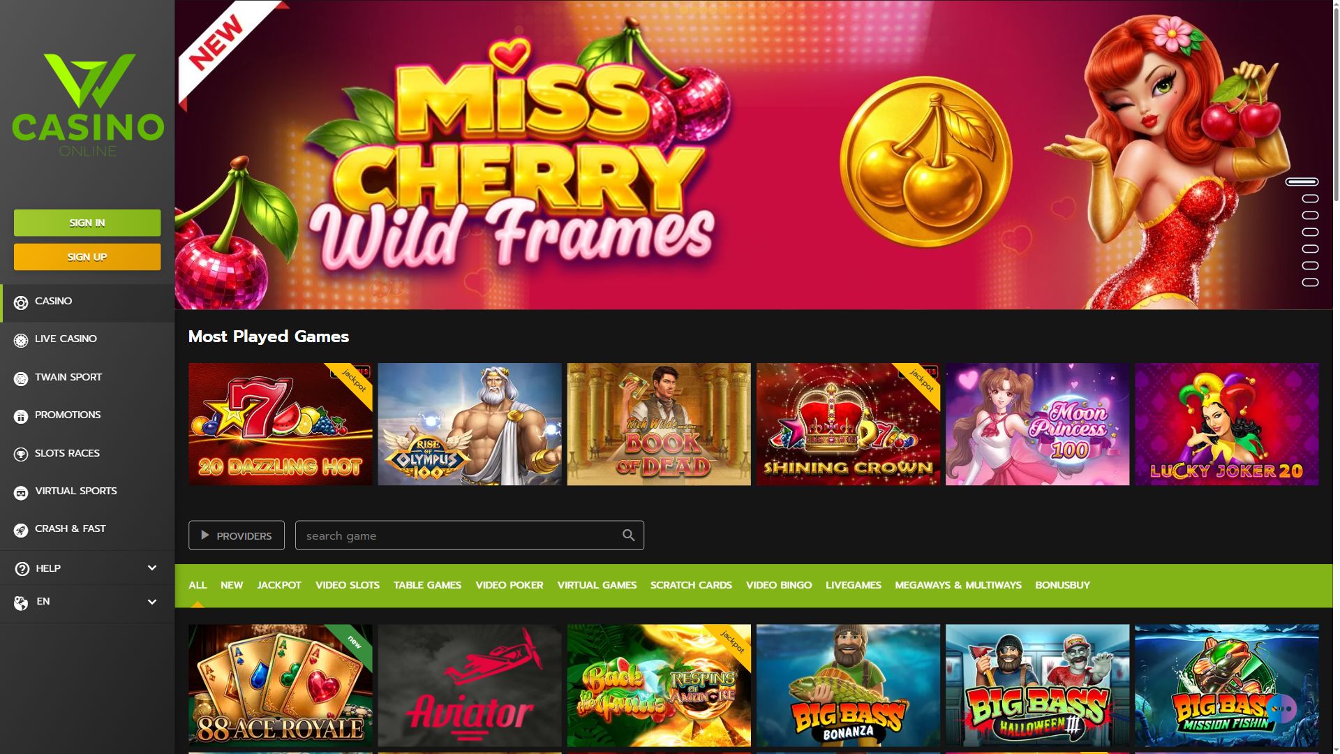 Wcasino Online — Lobby (Desktop)