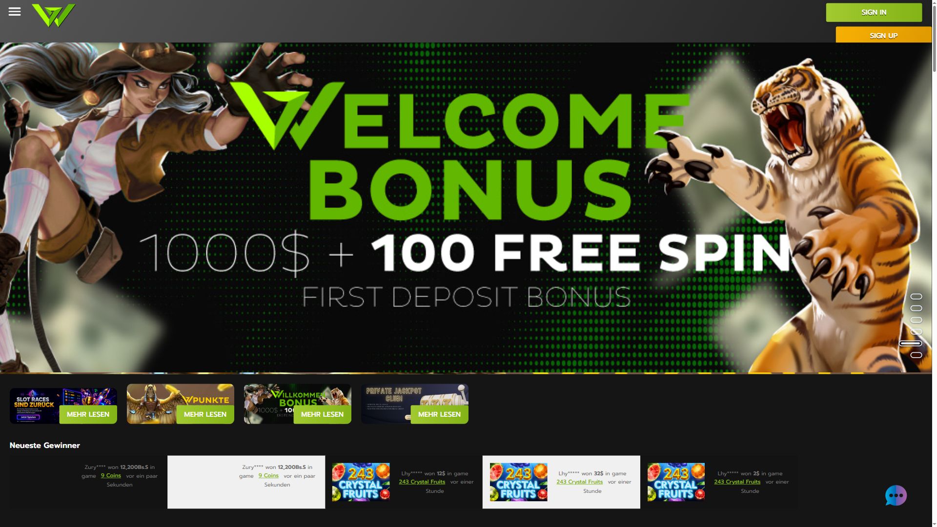 Wcasino Online — Startseite (Desktop)