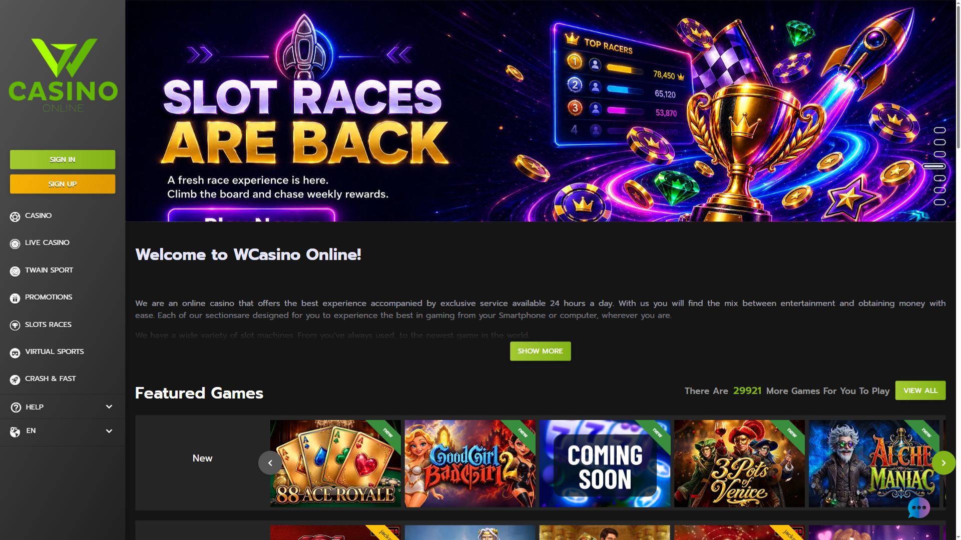 Wcasino Online — Homepage (Desktop)