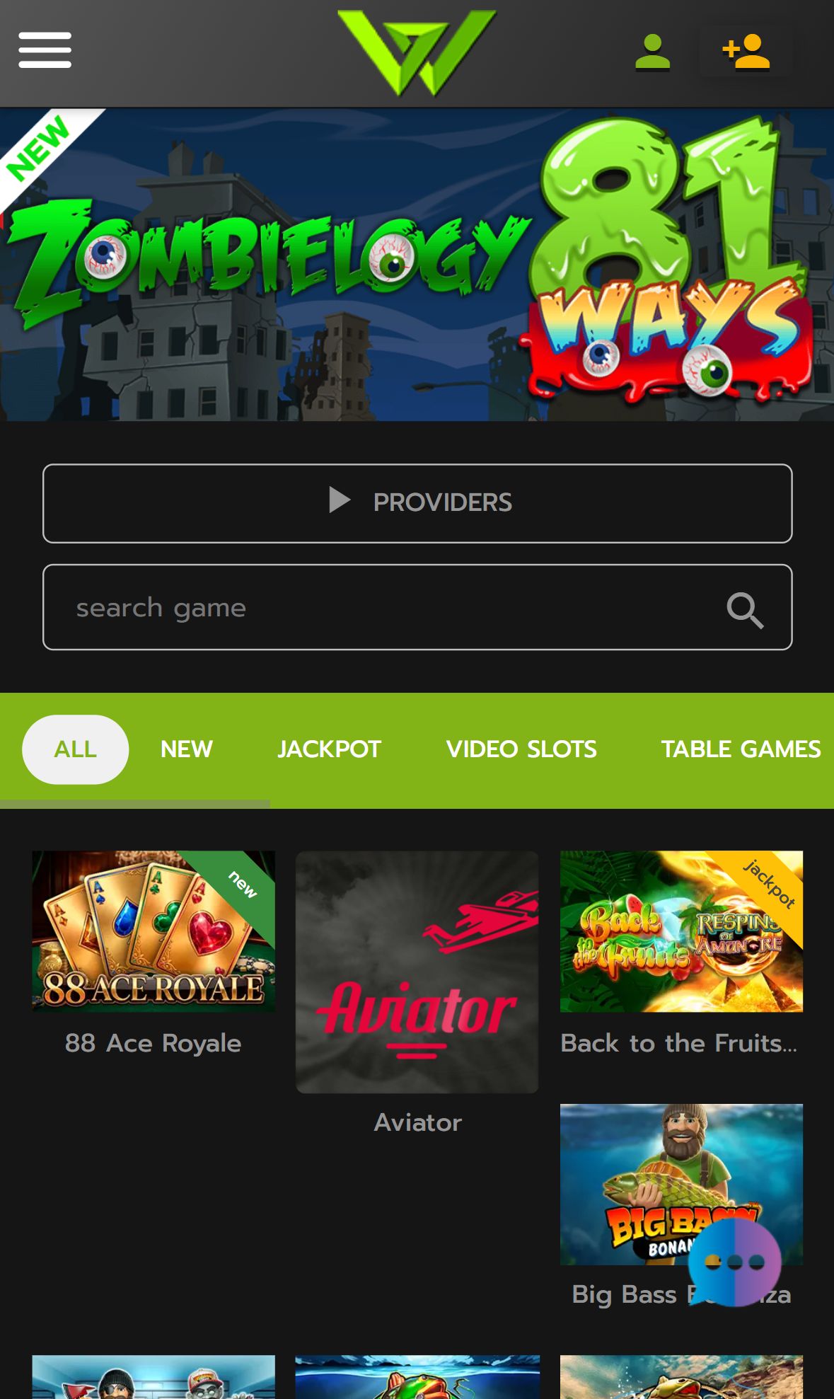 Wcasino Online — Lobby (Mobil)
