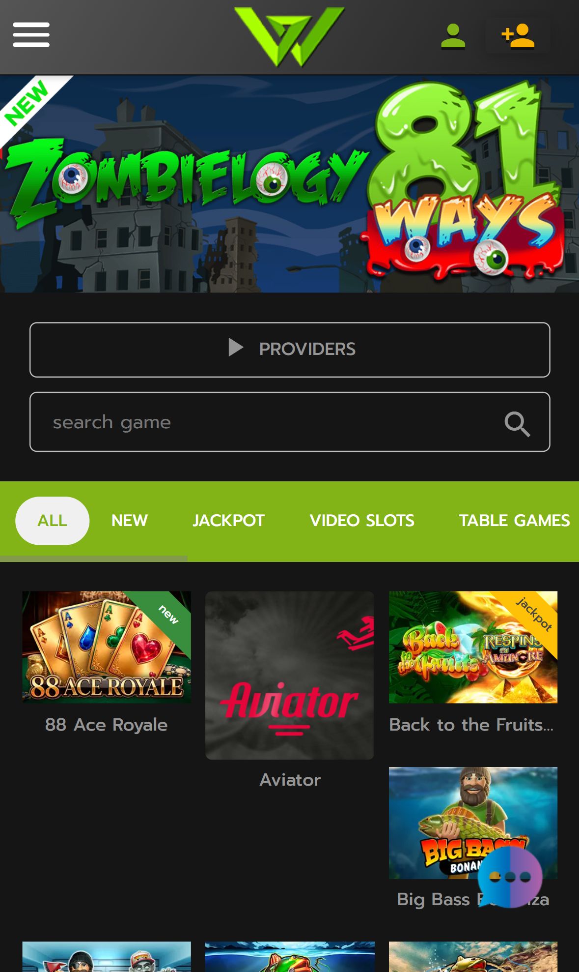 Wcasino Online — Lobby (Mobile)