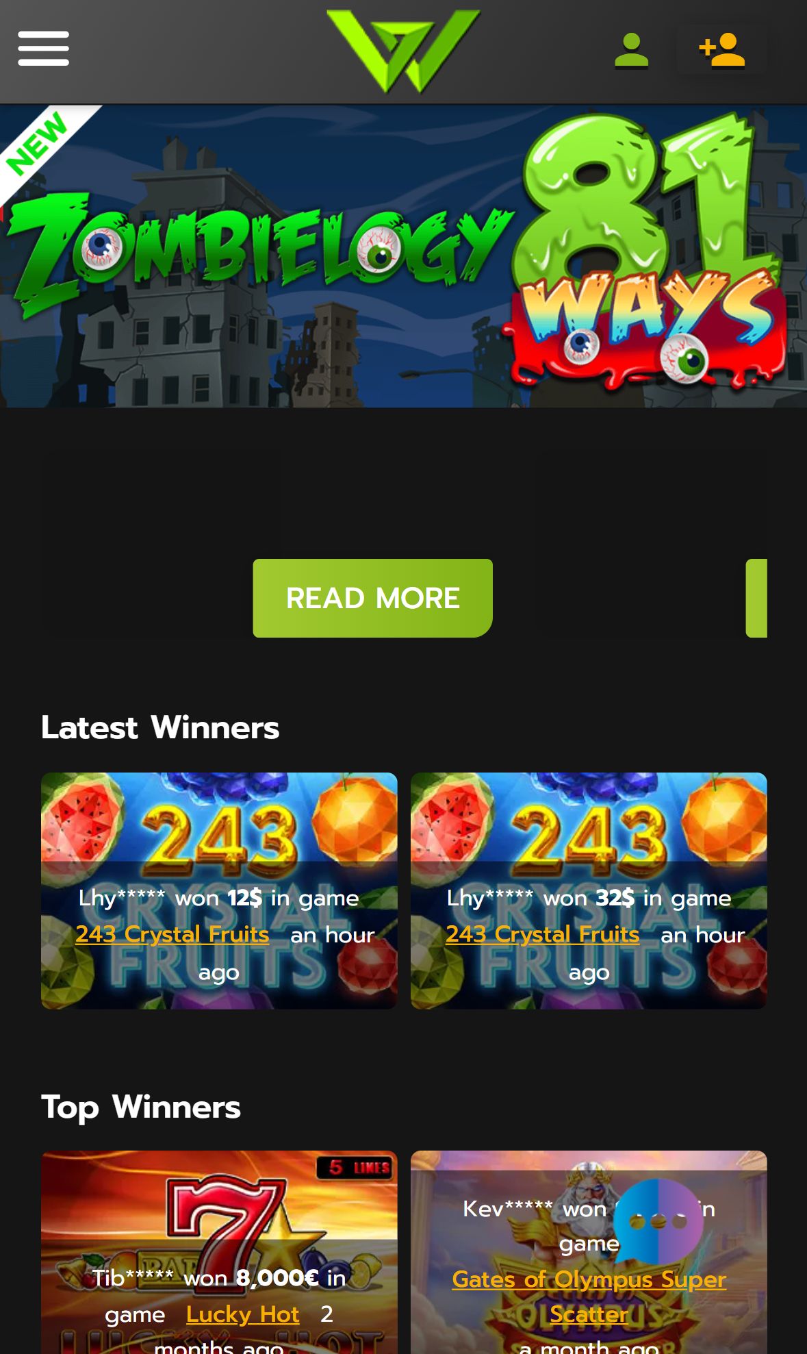 Wcasino Online — Startseite (Mobil)