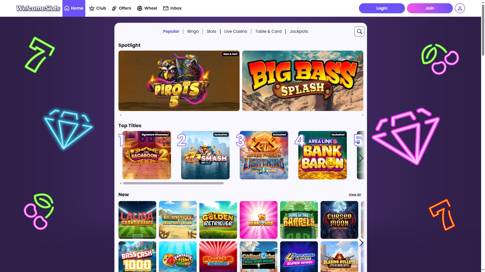 Welcome Slots — Lobby (Desktop)