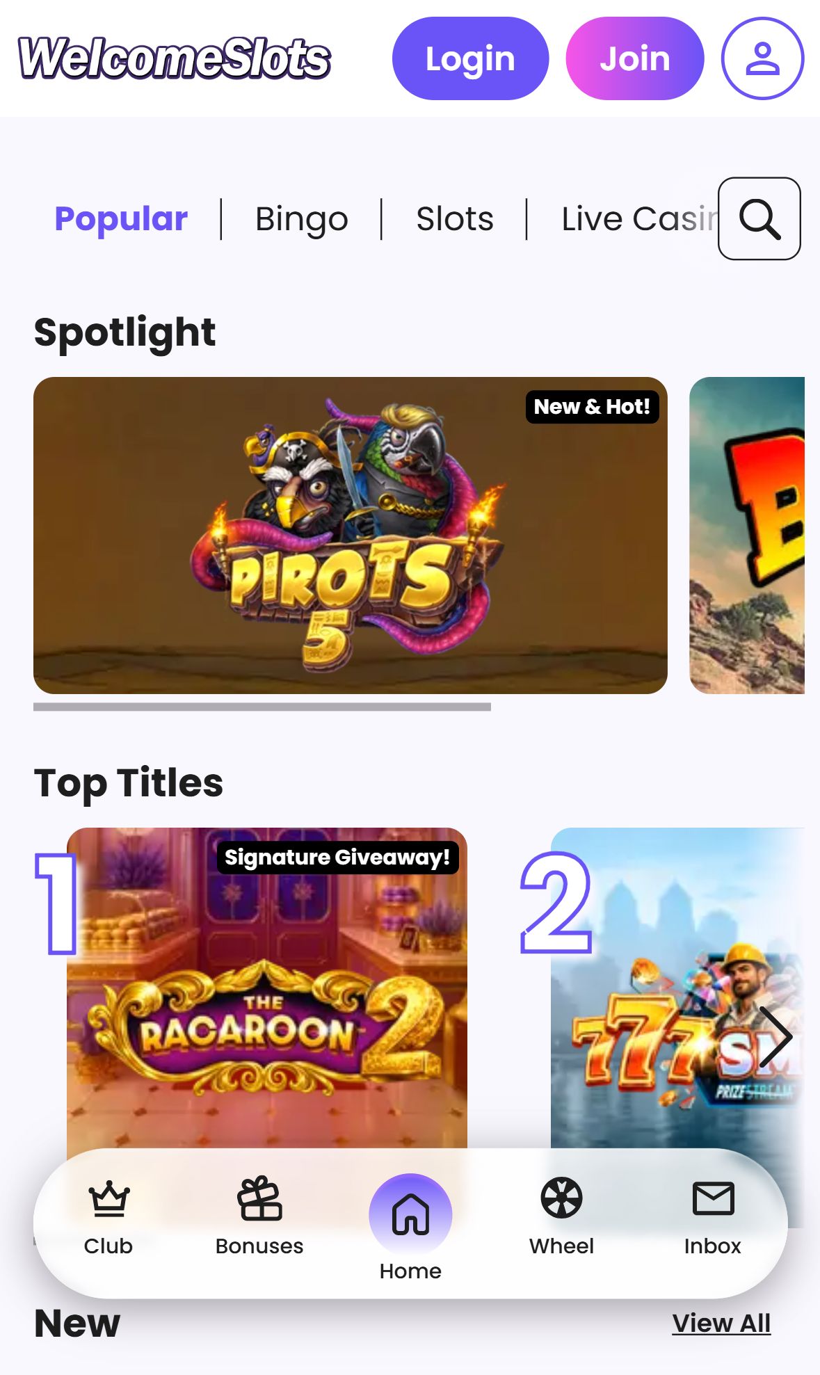 Welcome Slots — Lobby (Mobile)