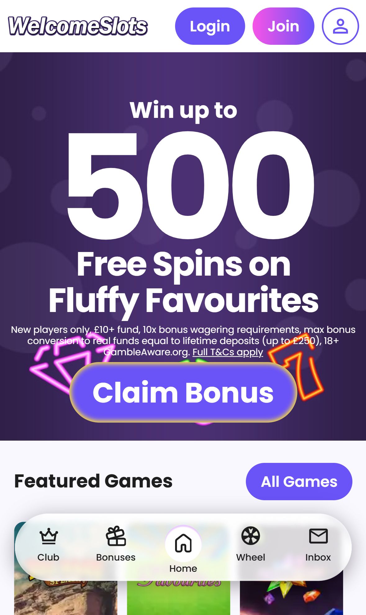 Welcome Slots — Homepage (Mobile)