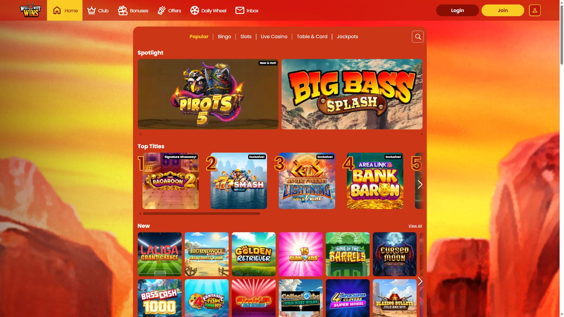 Wild West Wins — Lobby (Desktop)