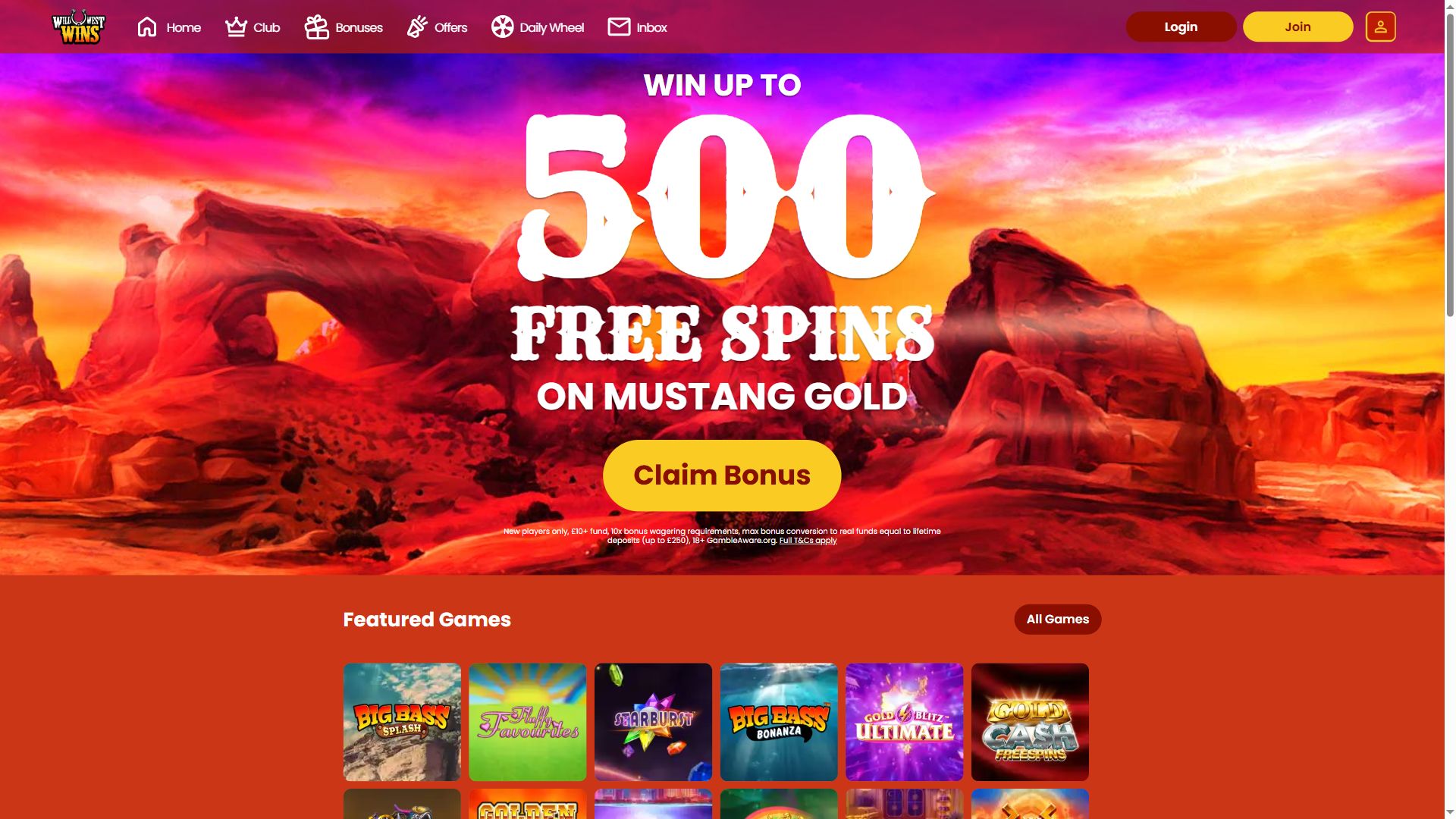 Wild West Wins — Homepage (Desktop)