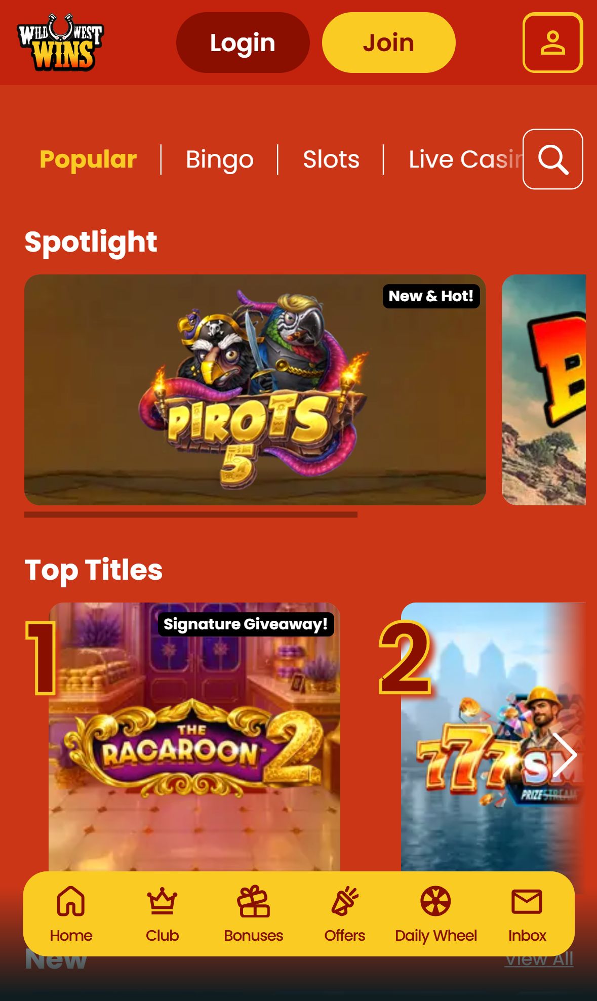 Wild West Wins — Lobby (Mobile)