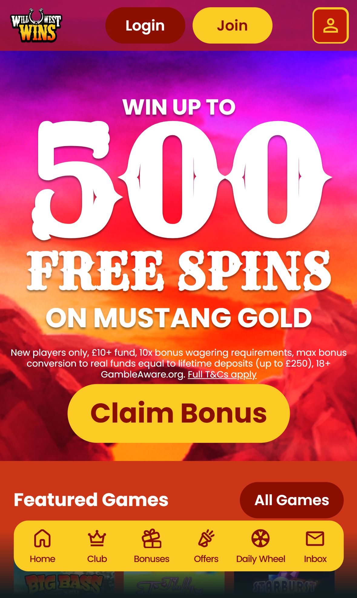 Wild West Wins — Homepage (Mobile)