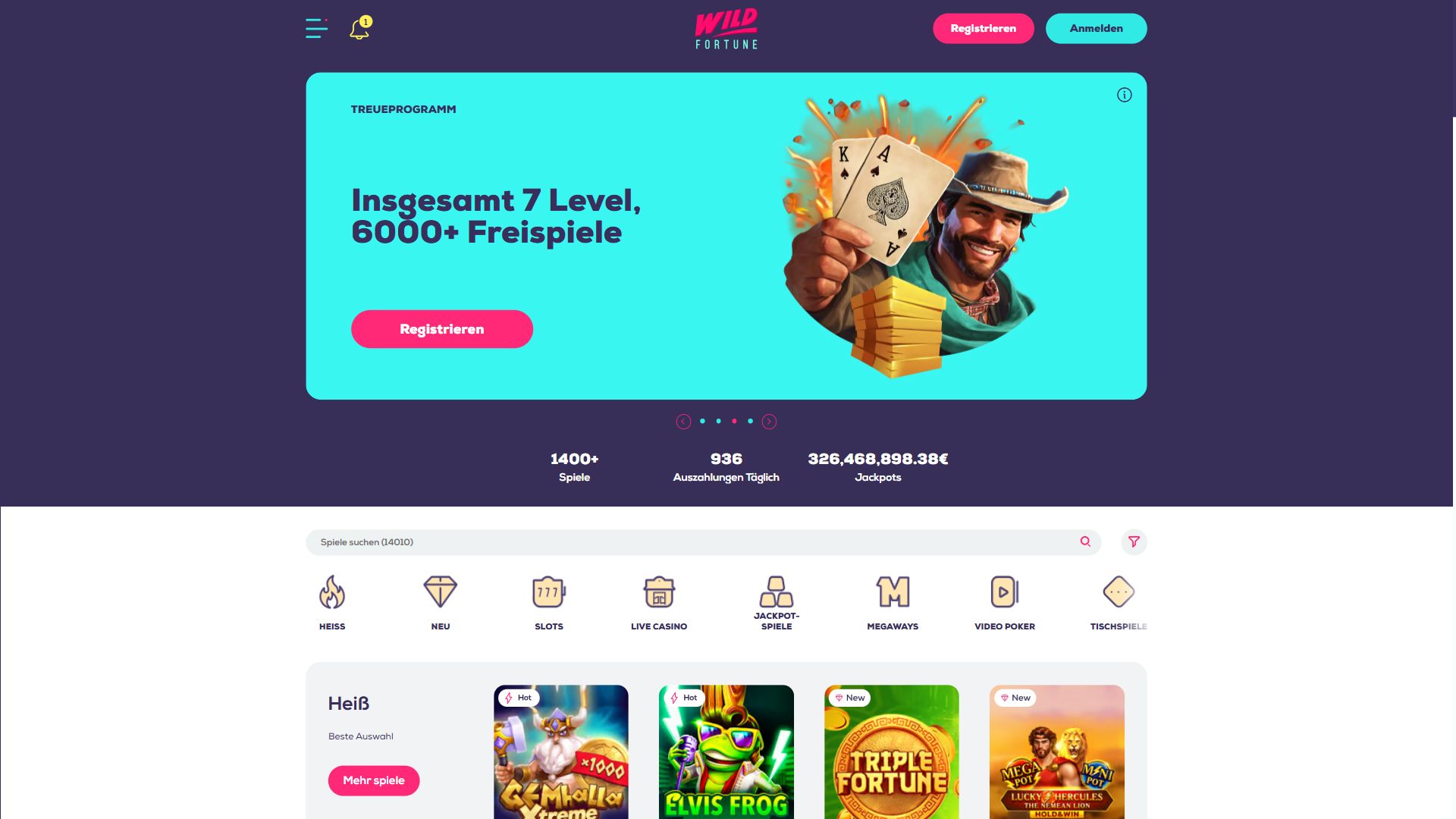Wildfortune.io — Startseite (Desktop)