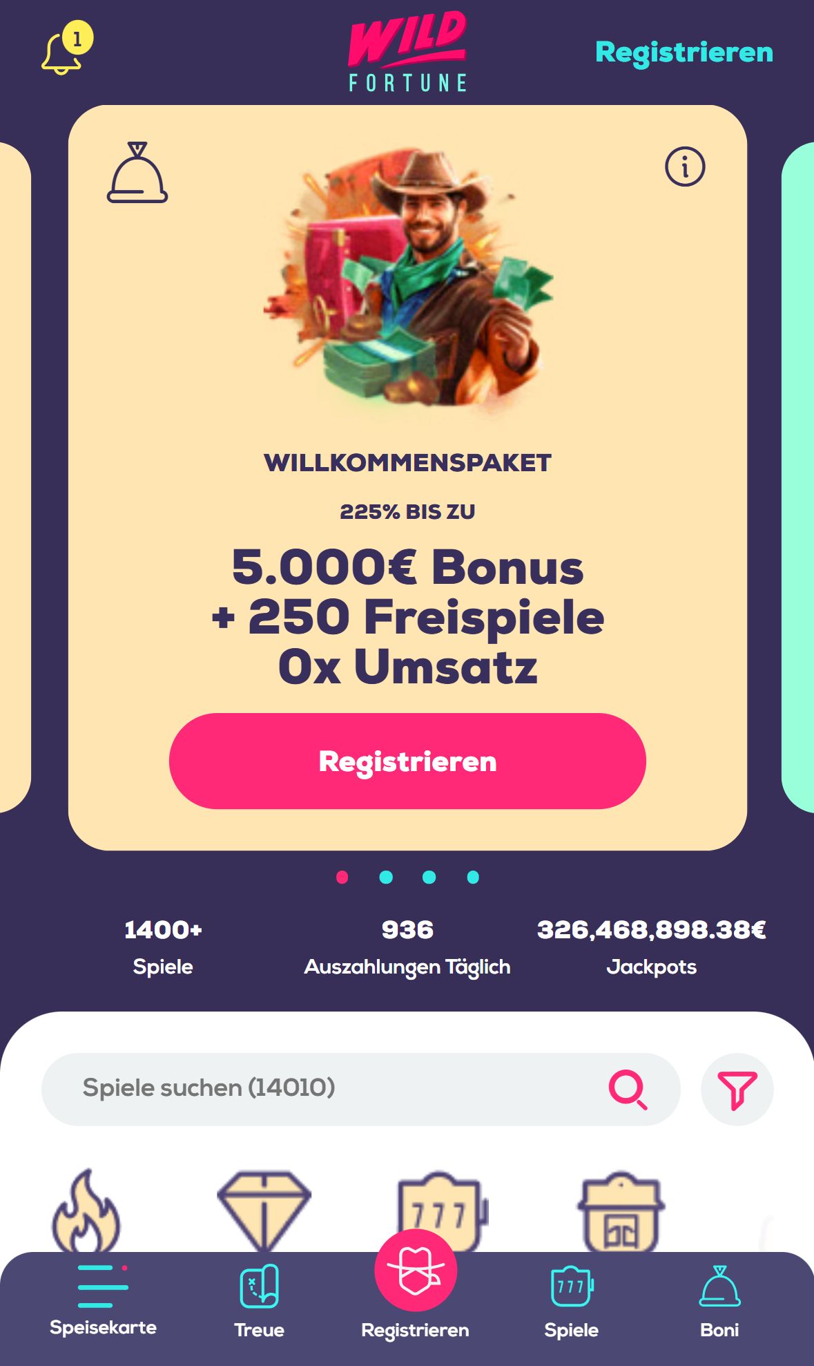 Wildfortune.io — Startseite (Mobil)