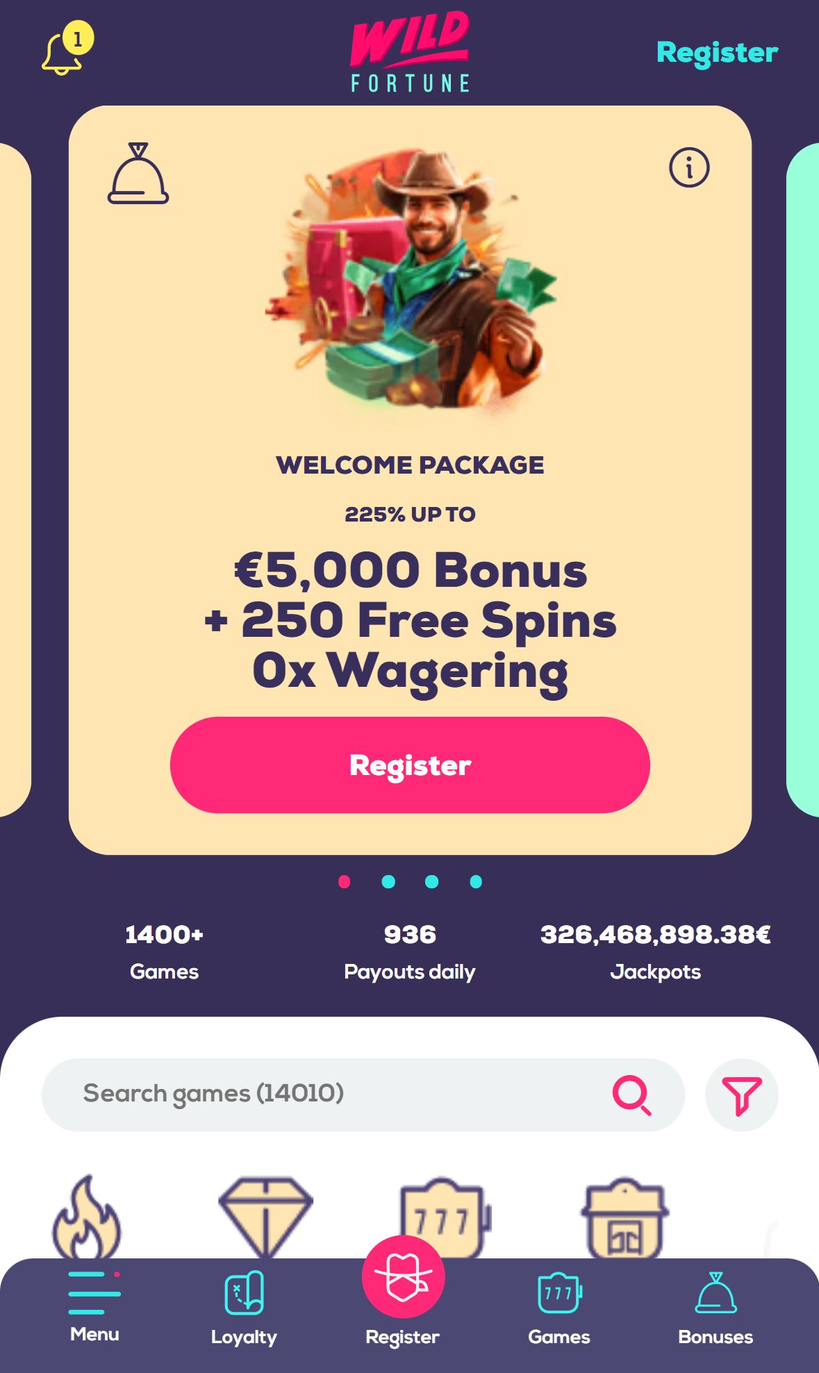 Wildfortune.io — Homepage (Mobile)