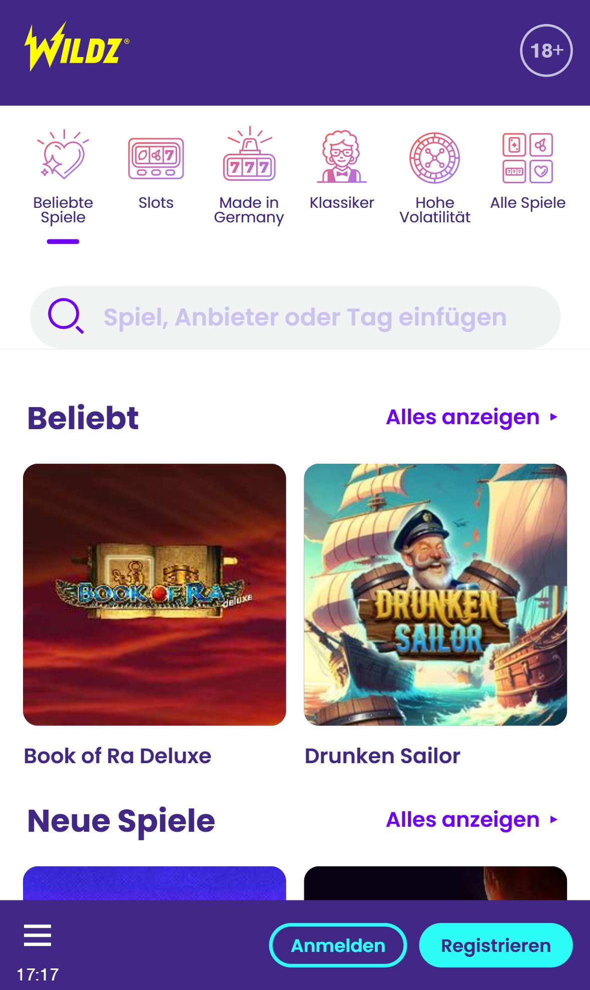 Wildz Casino — Lobby (Mobile)