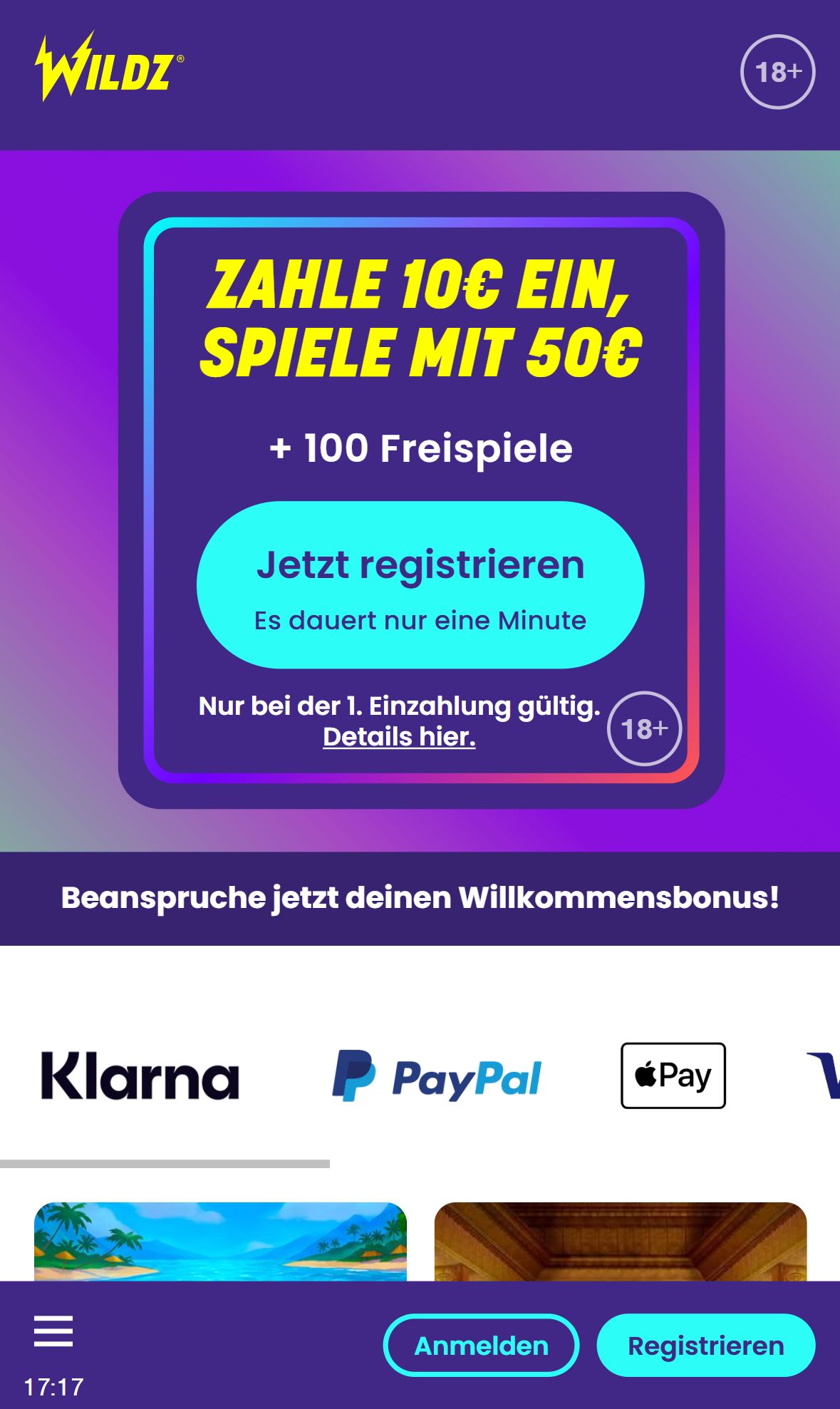 Wildz Casino — Homepage (Mobile)