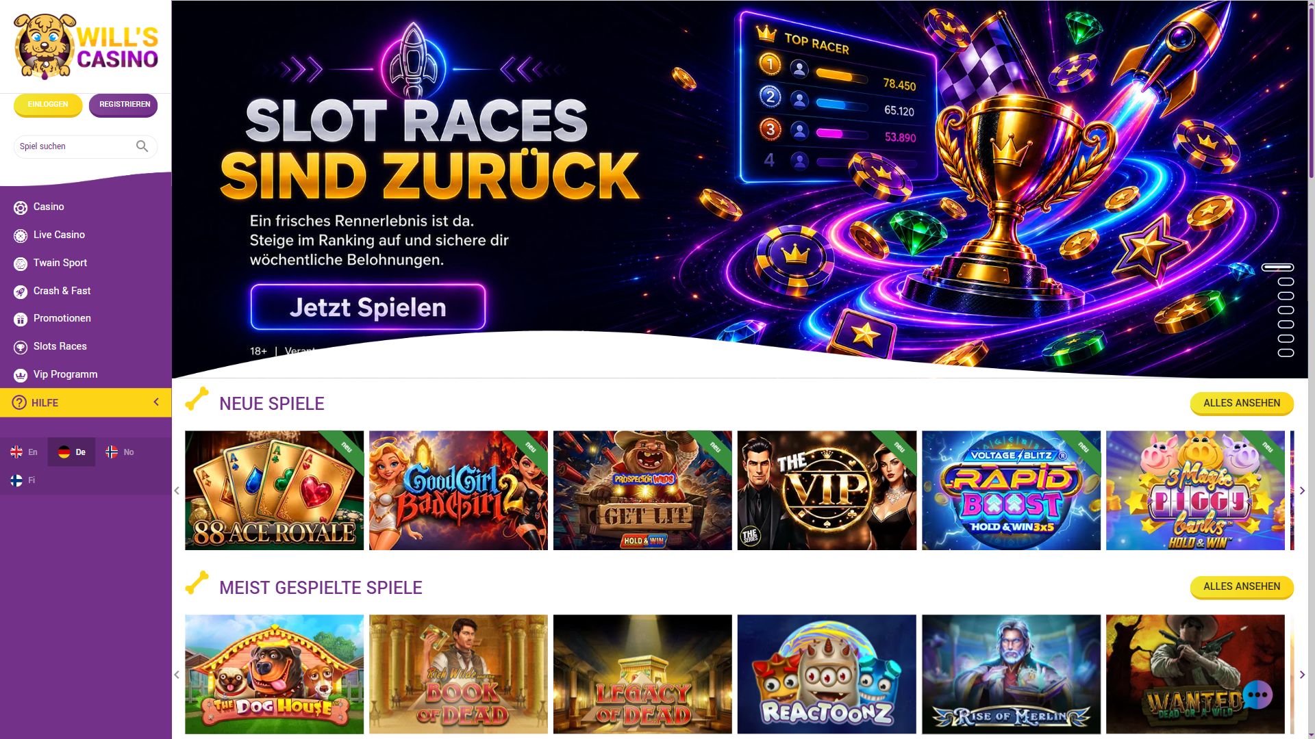 Will's Casino — Startseite (Desktop)