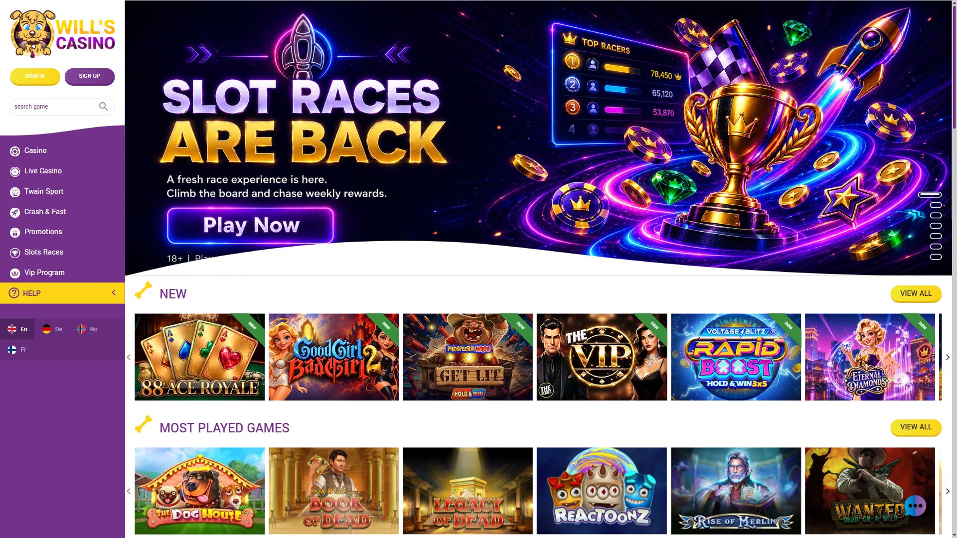 Will's Casino — Homepage (Desktop)