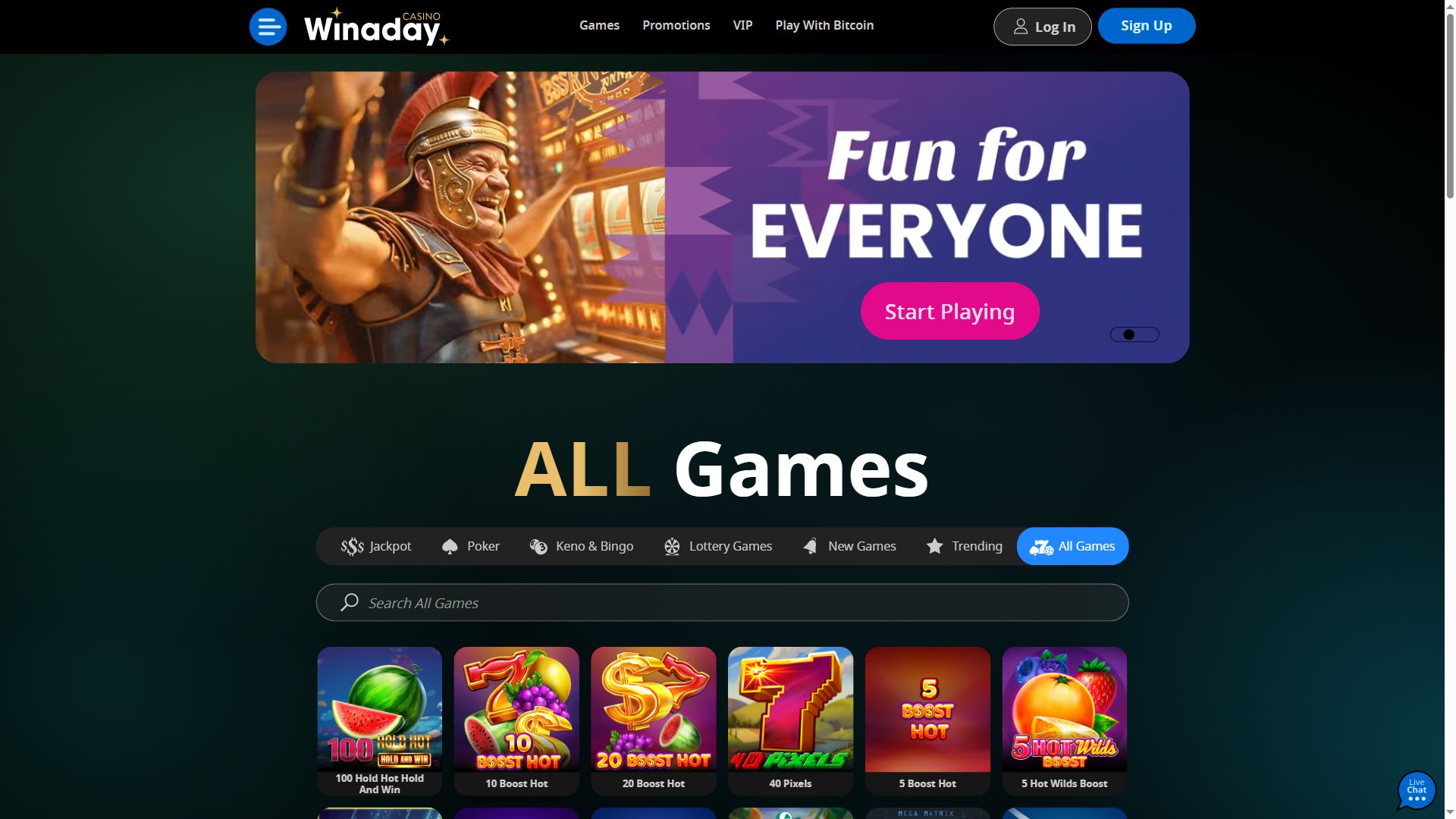 Win A Day Casino — Homepage (Desktop)
