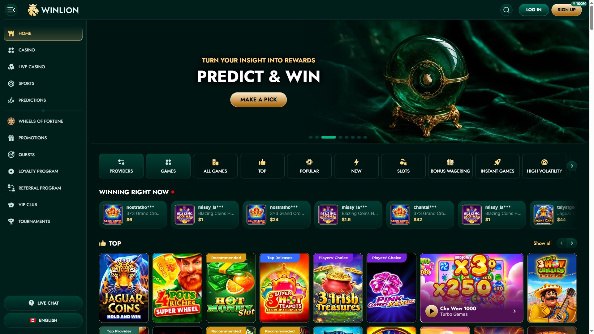 Winlion — Homepage (Desktop)