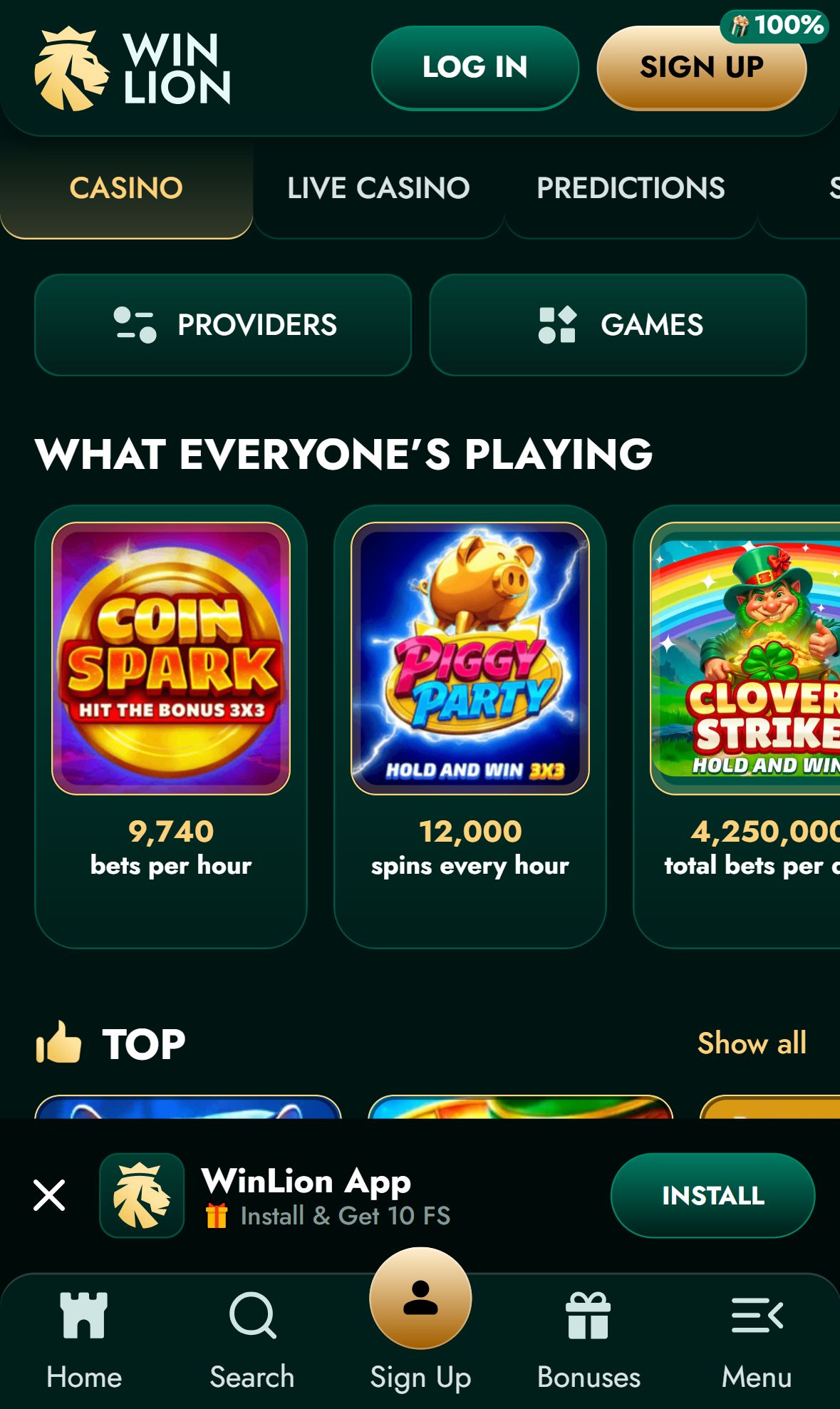 Winlion — Homepage (Mobile)