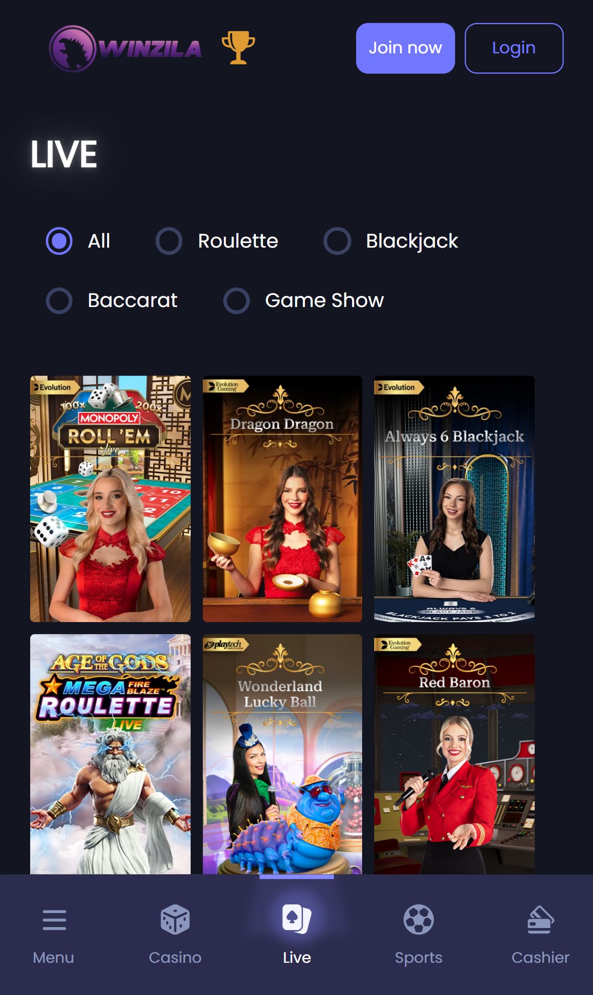 Winzila — Lobby (Mobile)