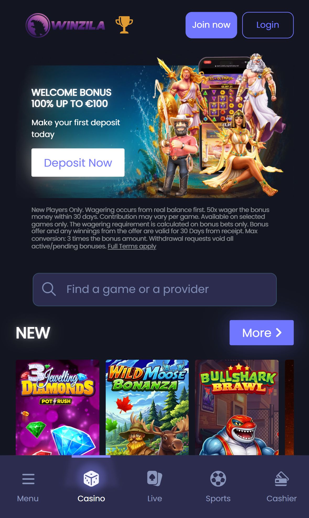 Winzila — Homepage (Mobile)