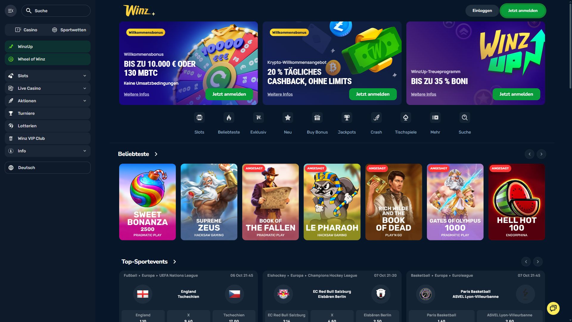 Winz — Startseite (Desktop)