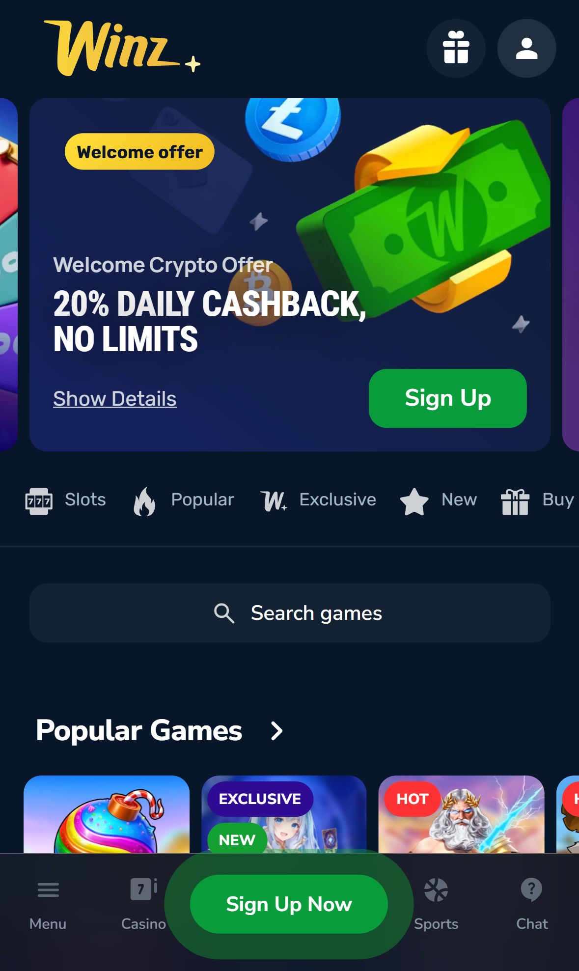 Winz — Homepage (Mobile)